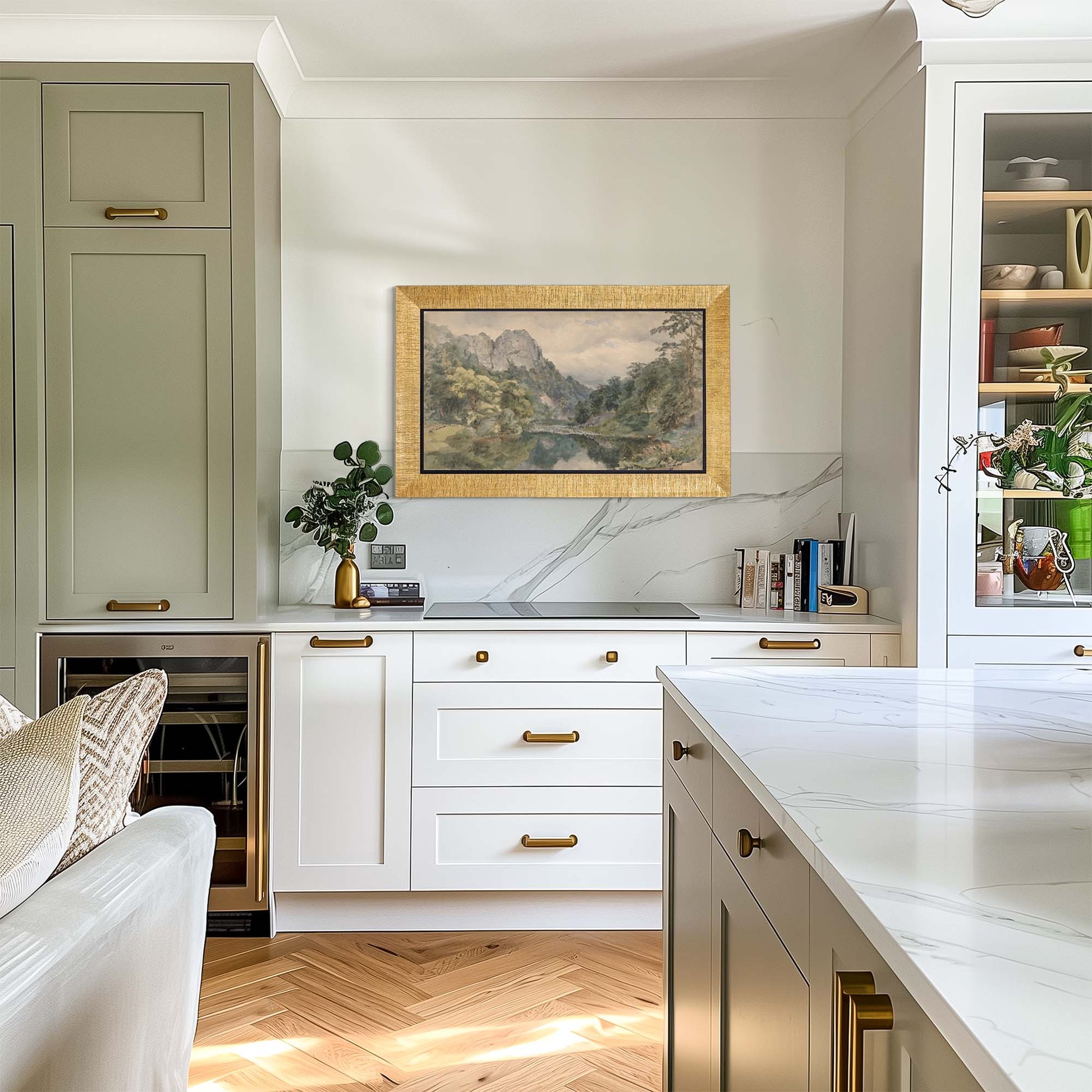 Grooved Gold TV Frame on kitchen wall, modern contemporary style