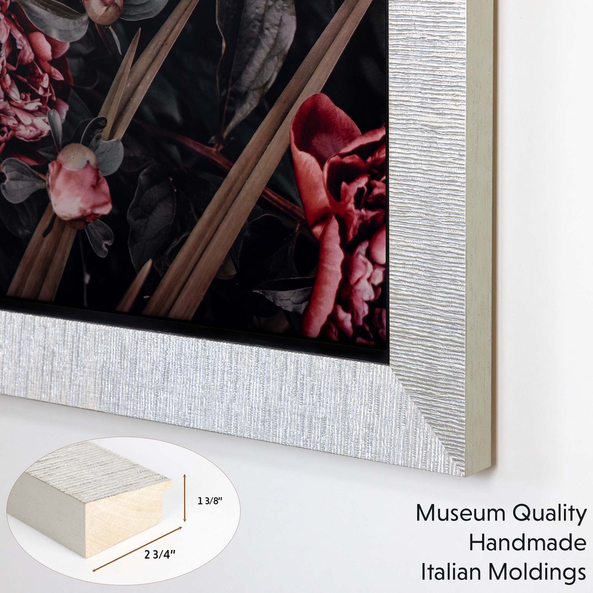 Grooved silver tv frame in made from museum quality italian moldings