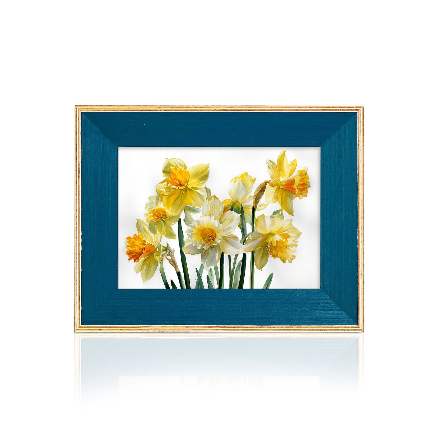 Framed artwork of yellow daffodils on a white background