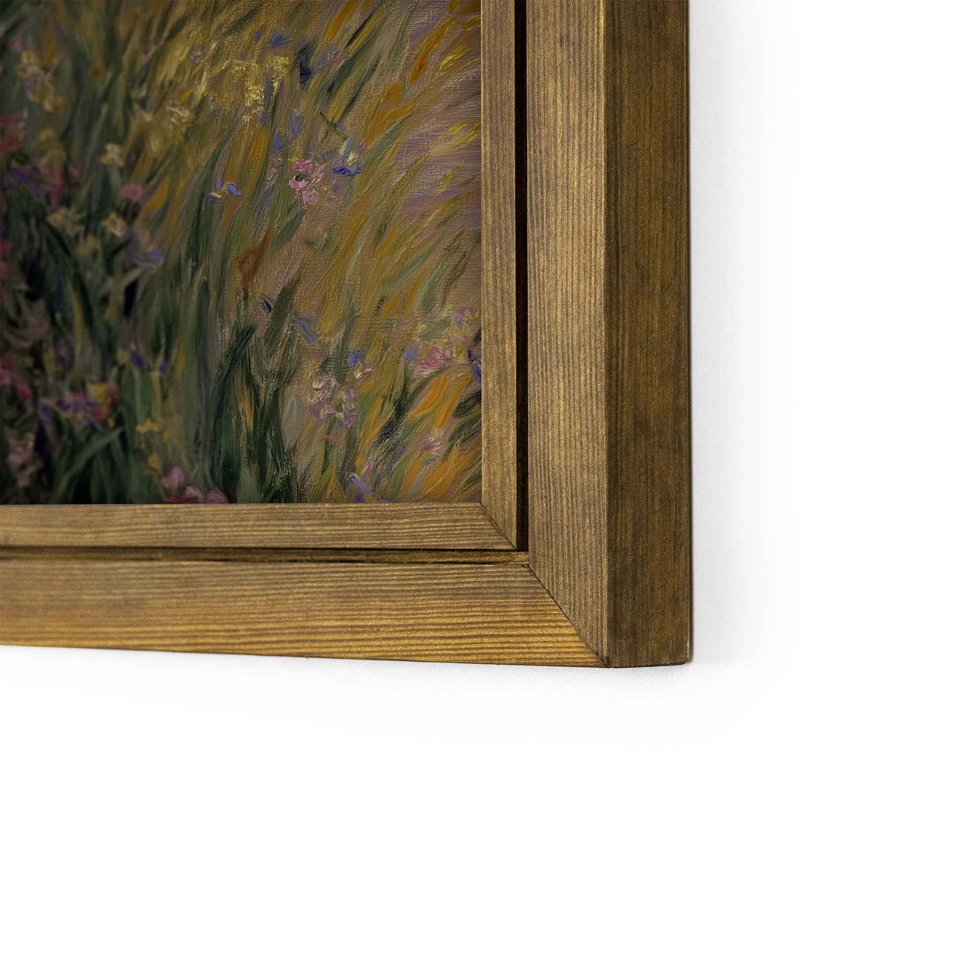 Wooden frame with a painting of grass and flowers on a white background