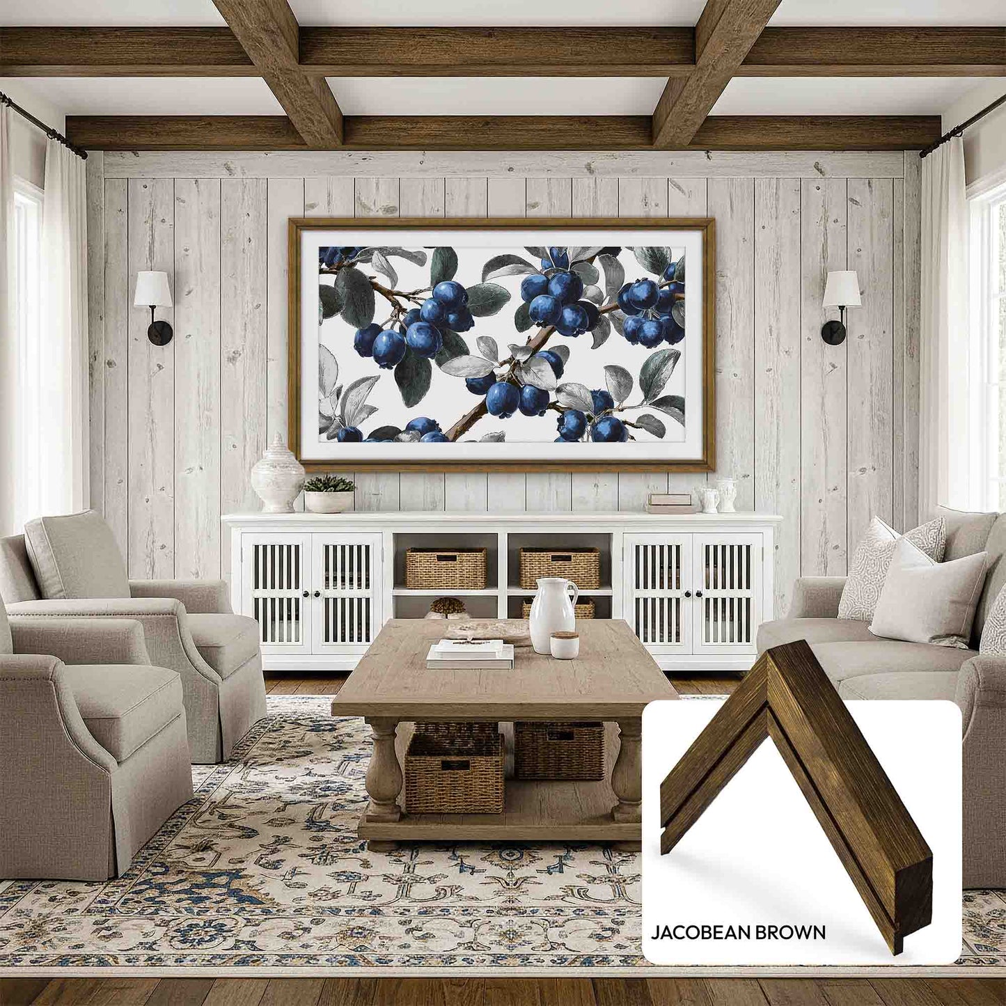 Living room with wooden coffee table, gray sofa, and decorative wall art.