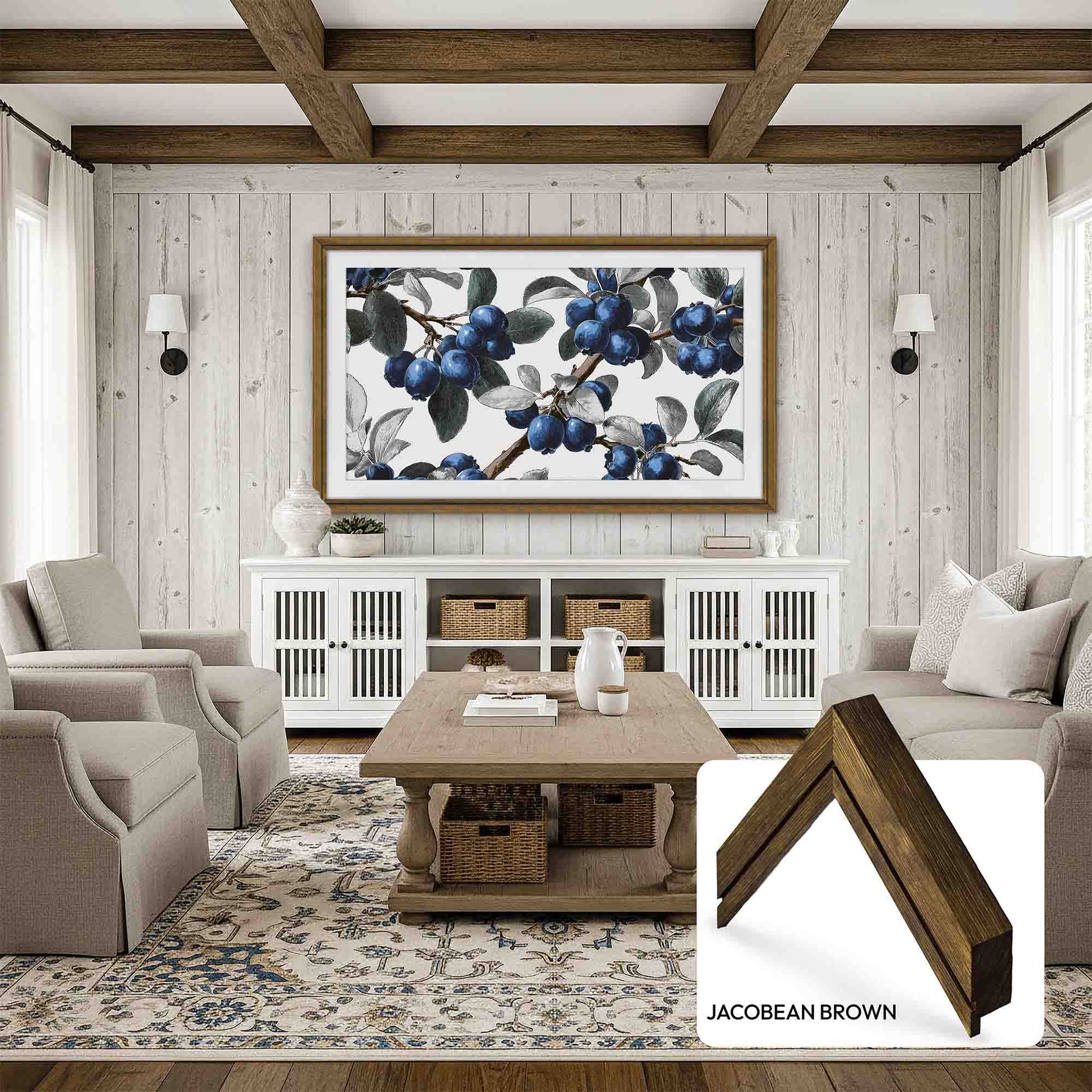 Living room with wooden coffee table, gray sofa, and decorative wall art.