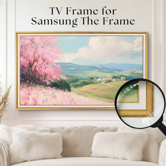 Gold and white Samsung TV Frame located in a White interior living room.