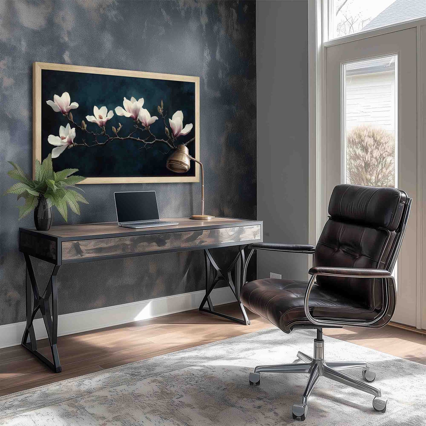 Modern office setup with a desk, chair, and wall art in a home office.