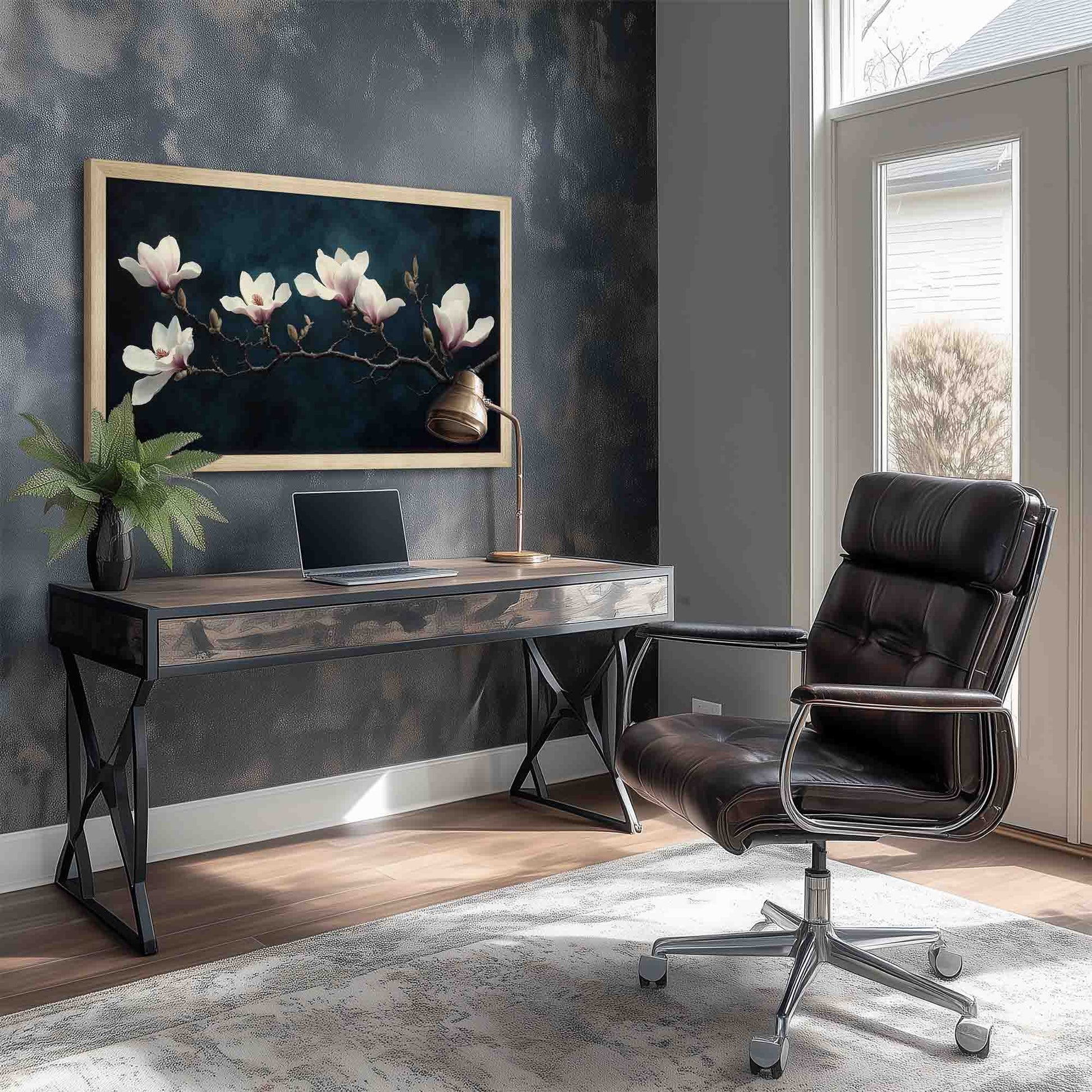 Modern office setup with a desk, chair, and wall art in a home office.
