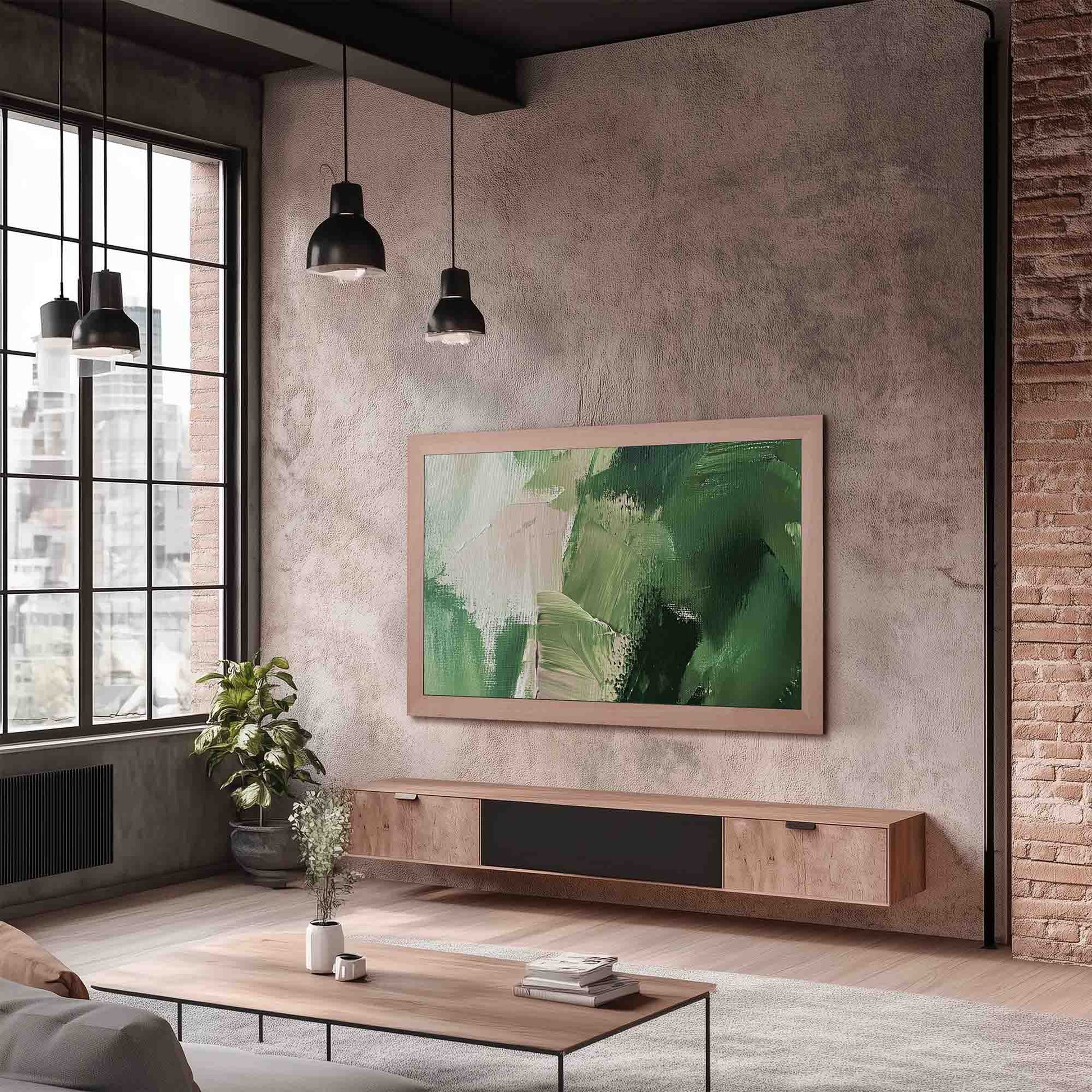 Light beech TV frame in a modern studio apartment