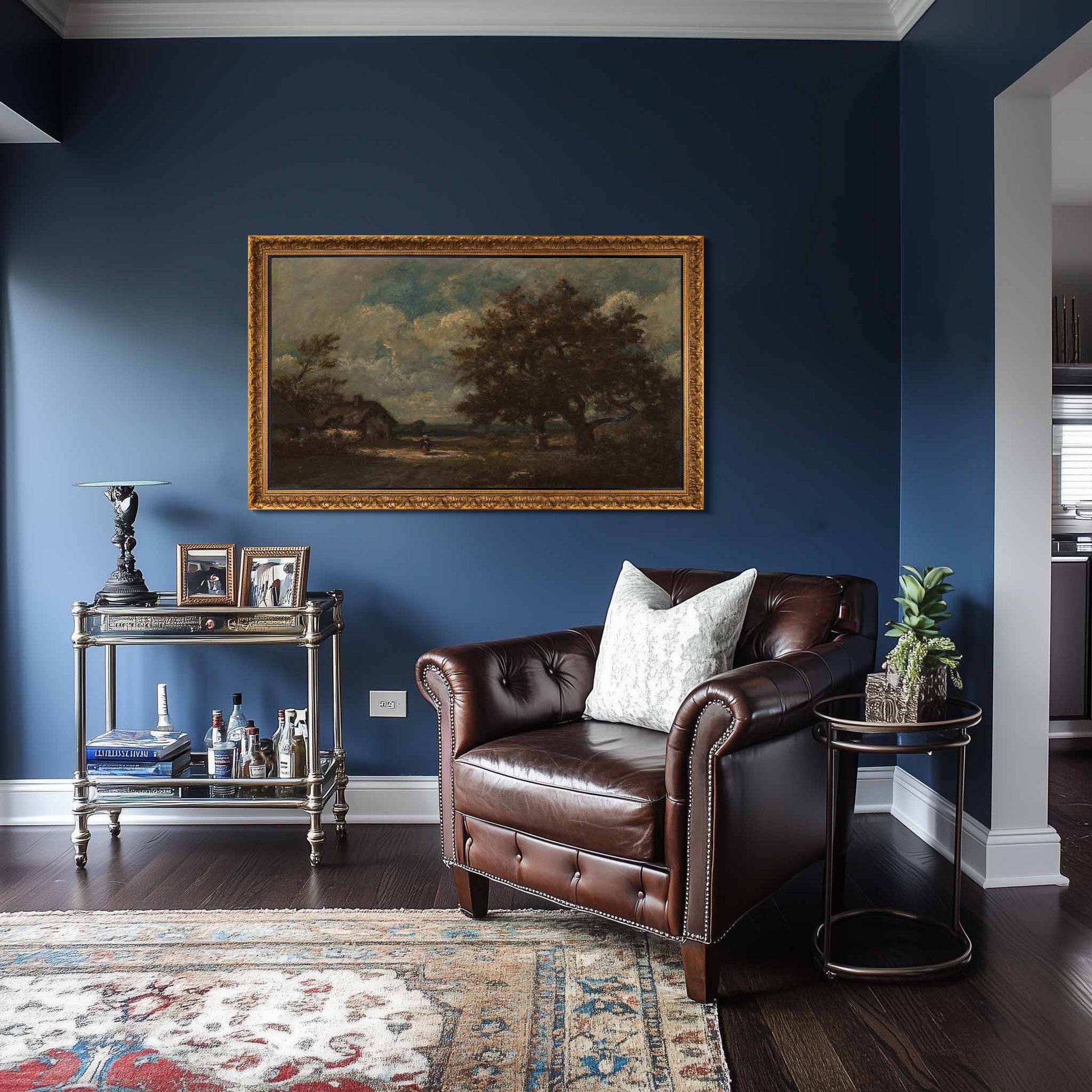 Mid-sized transitional living room, wall mounted Antique gold tv frame, moody atmosphere