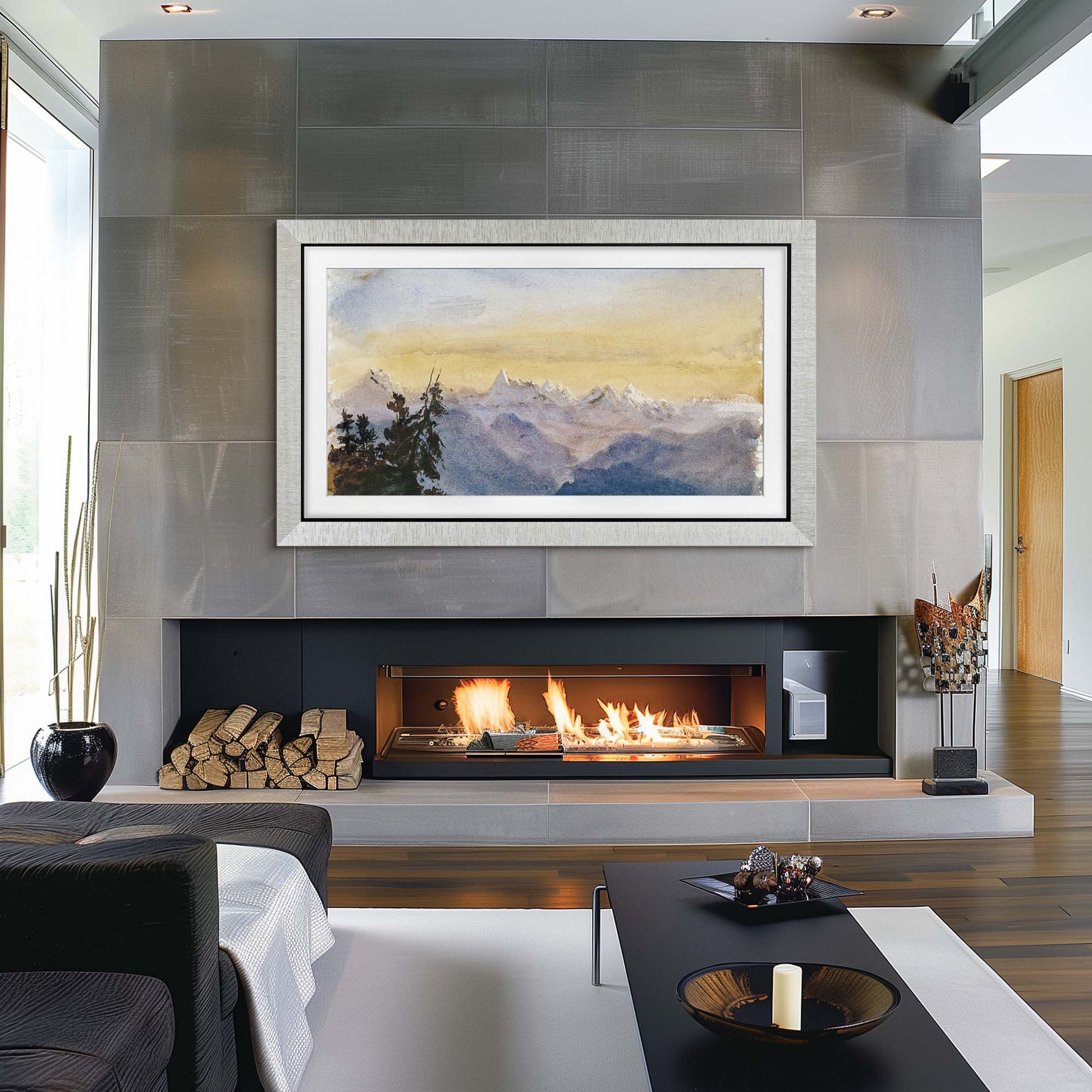 Modern Grooved Silver Tv Frame Tv on the wall, Widescreen Fireplace, Contemporary modern Living Room, silver accents
