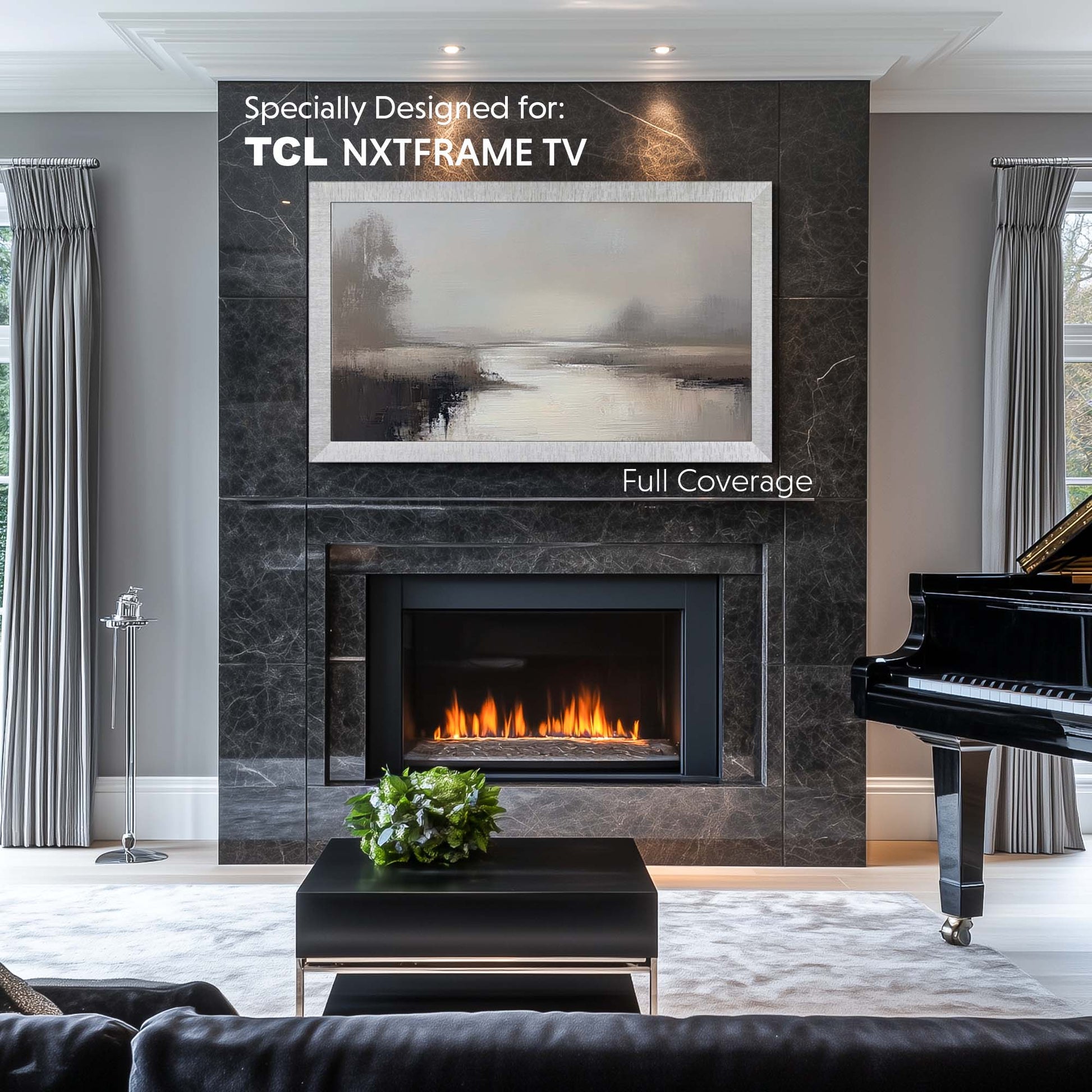 Modern Silver tv frame on the wall above a fireplace made from Northern Irish black limestone, in background black piano, modern living room design with silver accents