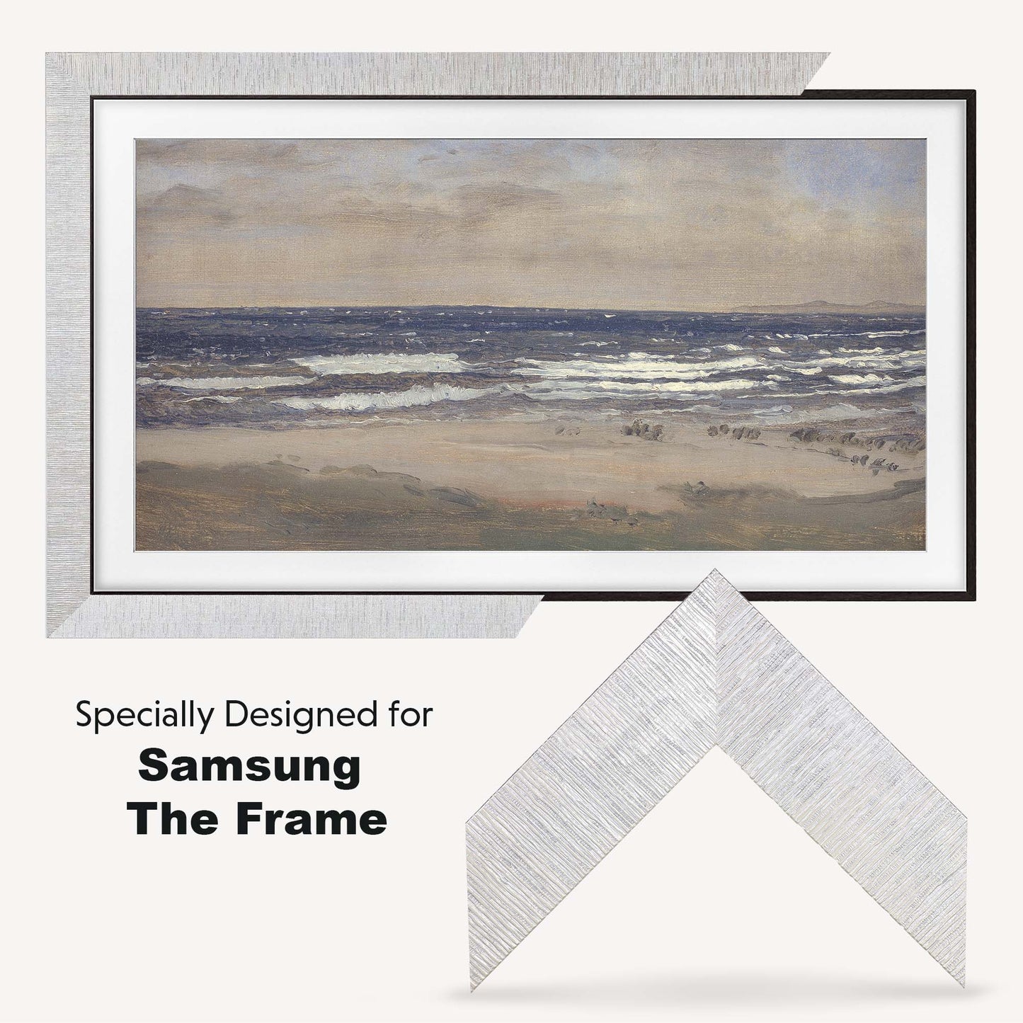 Modern silver tv frame is designed specially for Samsung The Frame and TCL NXTFRAME TV's