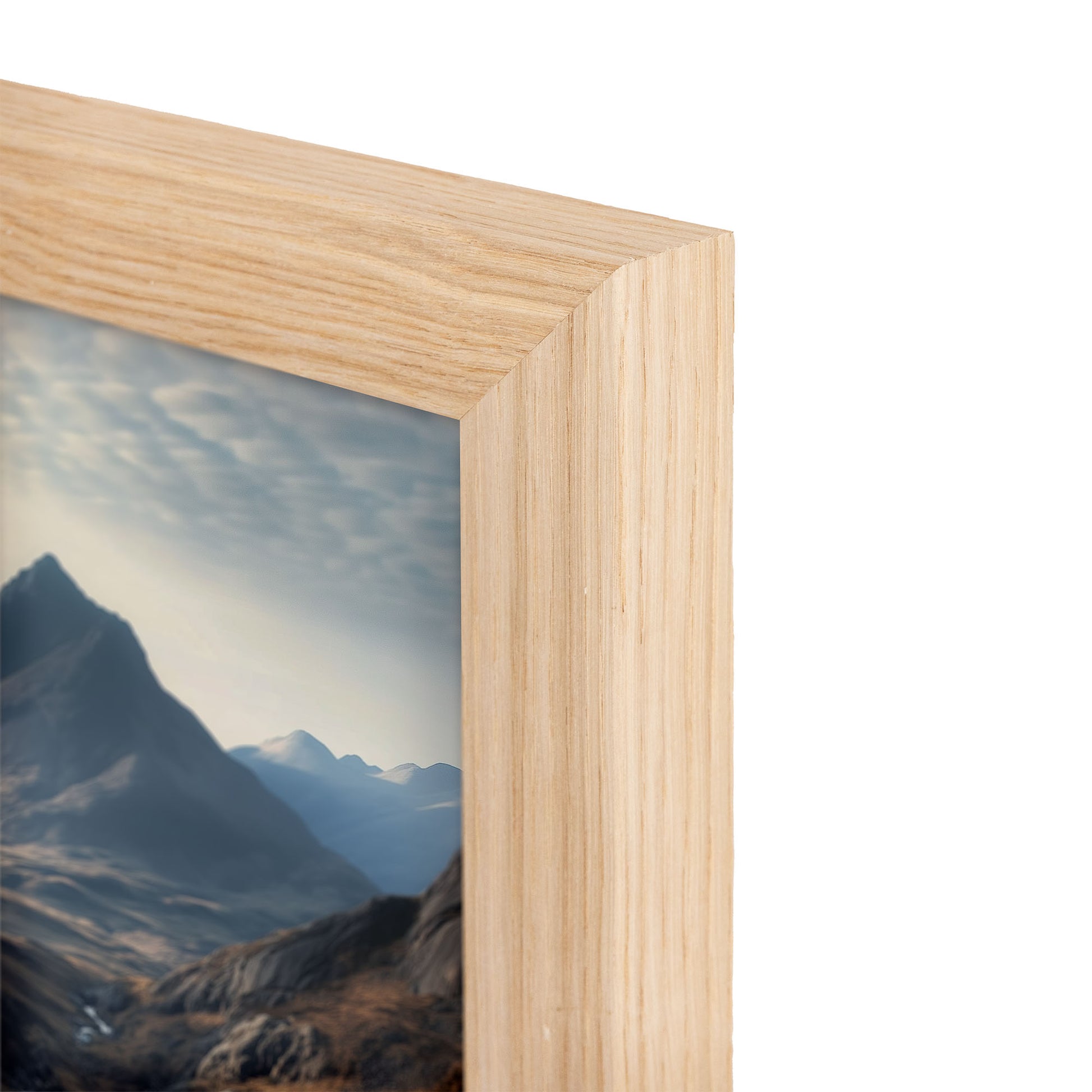 Wooden picture frame with a mountain landscape inside