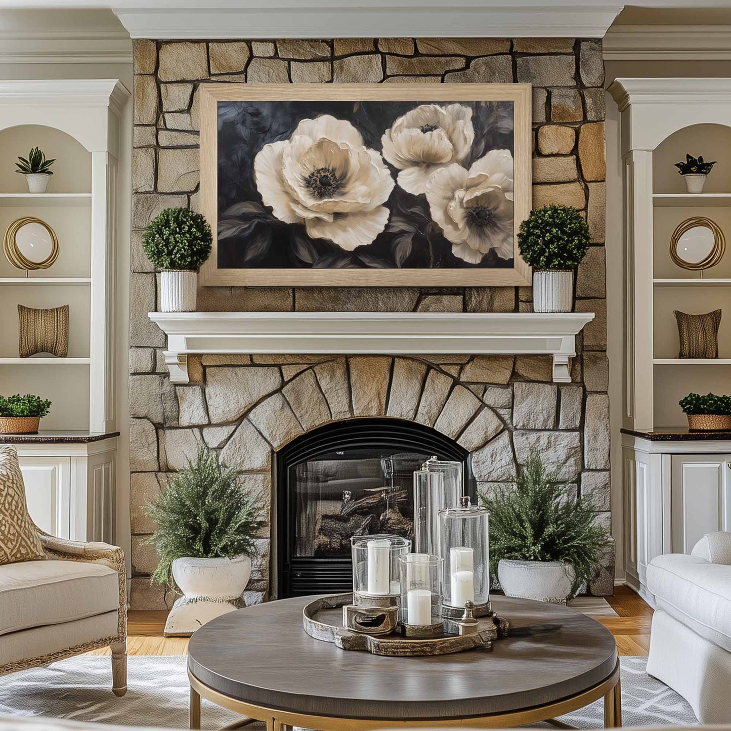Natural Oak TV frame for The Frame tv above stone fireplace in Traditional Living Room