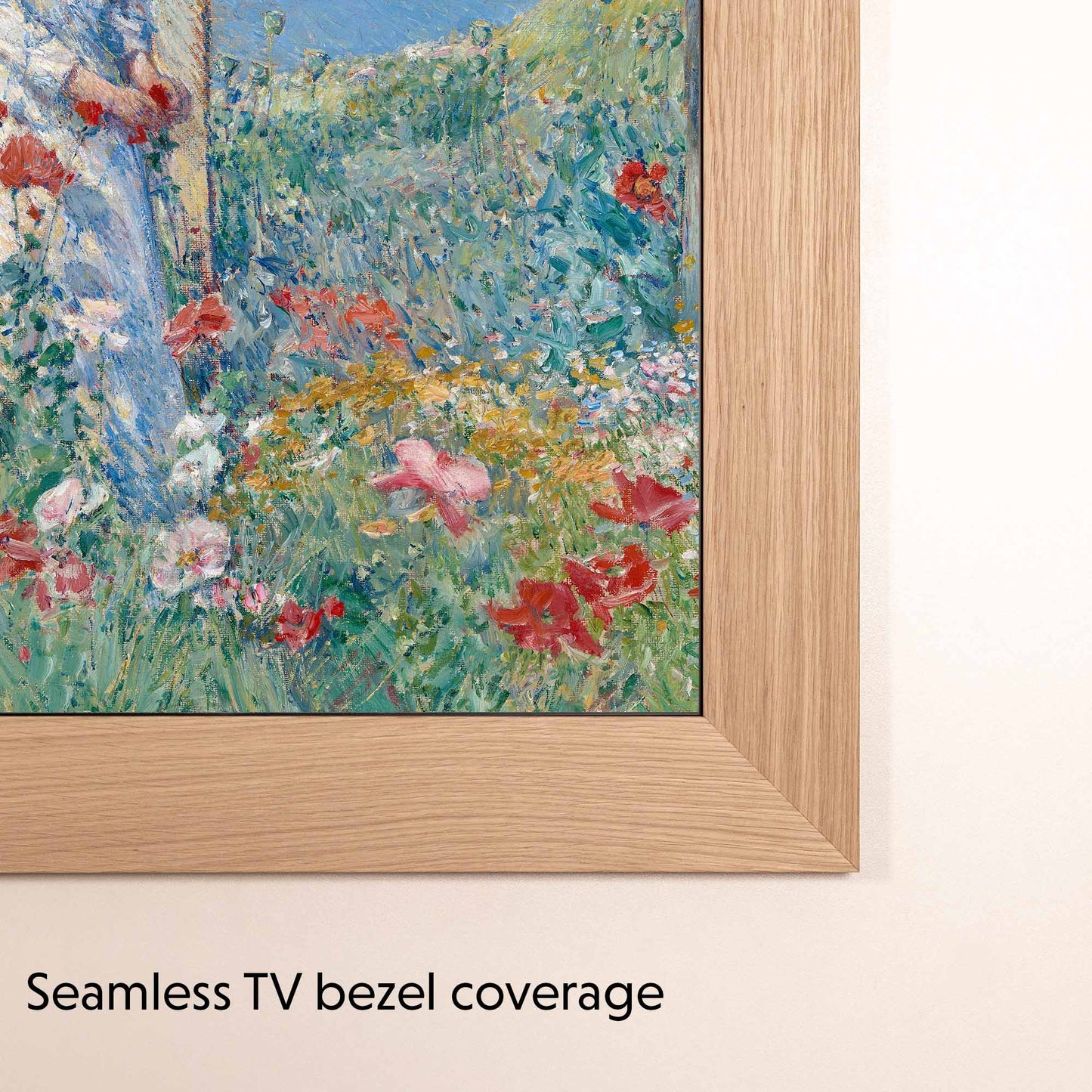 Natural Oak Tv Frame fully covers Samsung and TCL TV's bezels