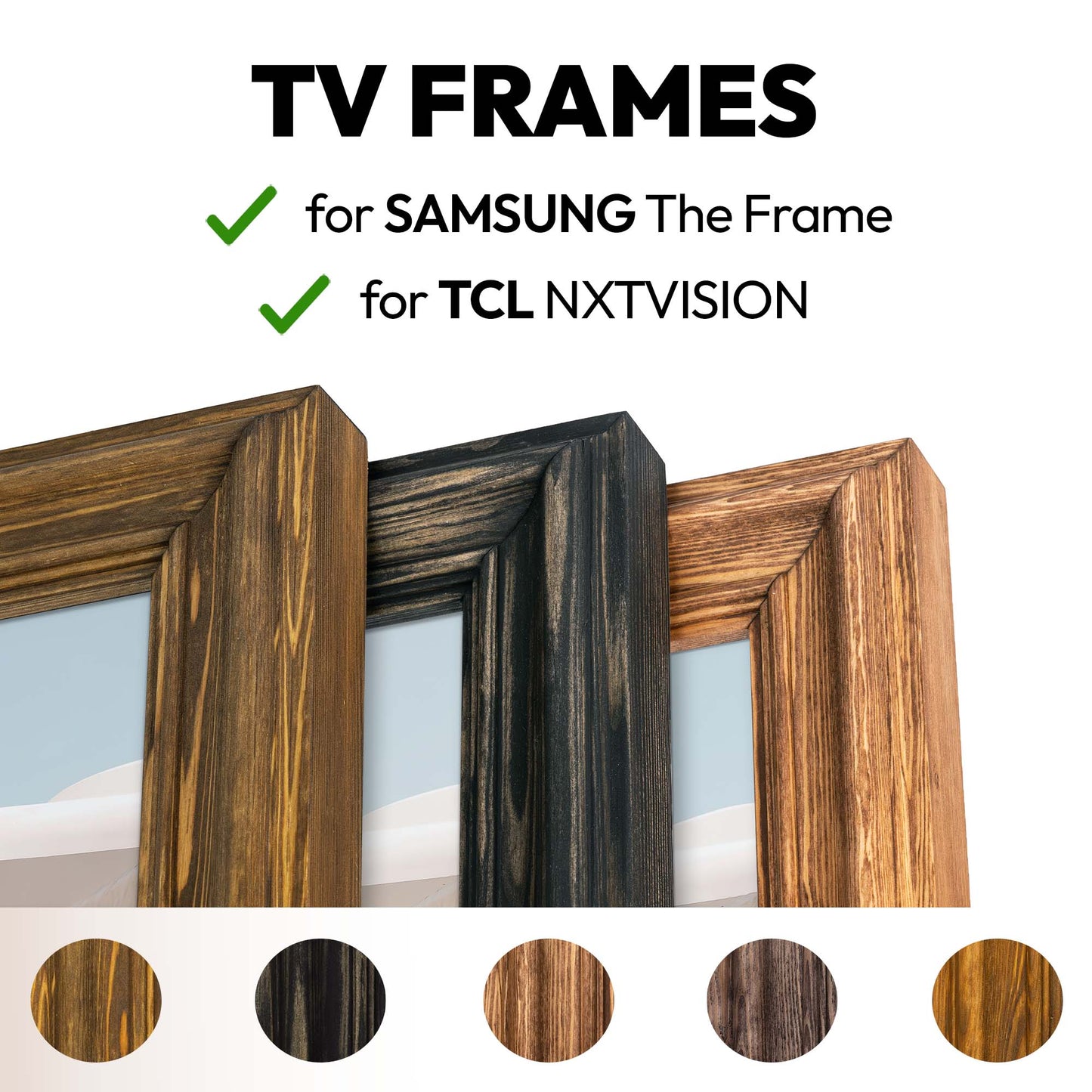 Wooden TV frames compatible with Samsung and TCL TVs on a white background
