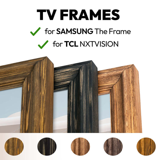 Wooden TV frames compatible with Samsung and TCL TVs on a white background
