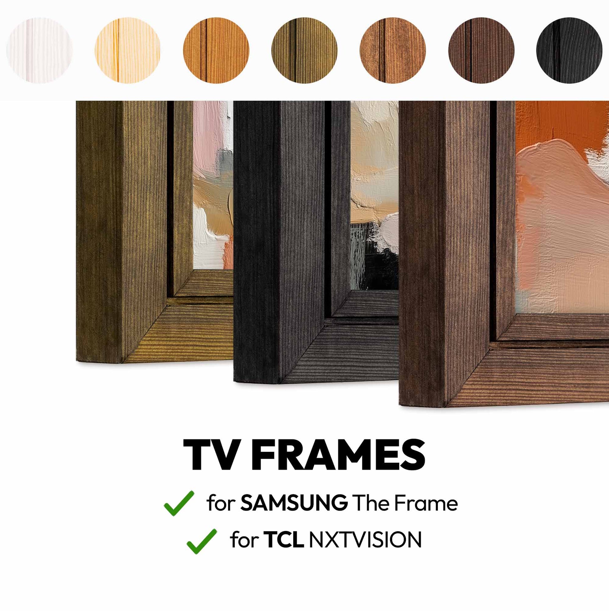 Collection of TV frames with color swatches and compatibility text for Samsung and TCL.