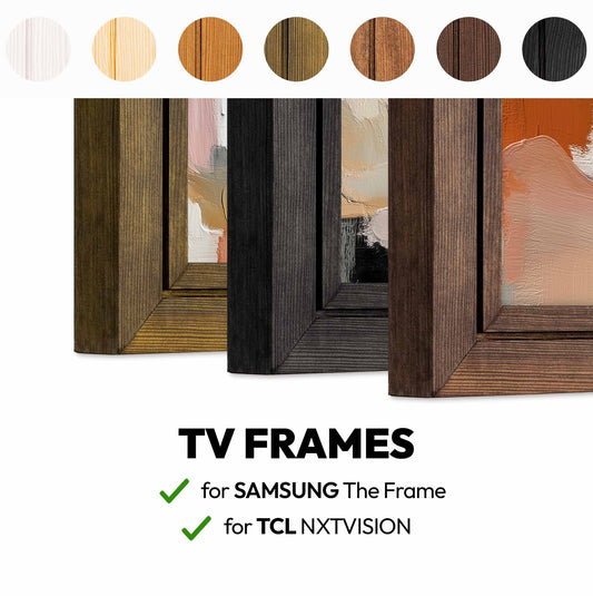 Collection of TV frames with color swatches and compatibility text for Samsung and TCL.