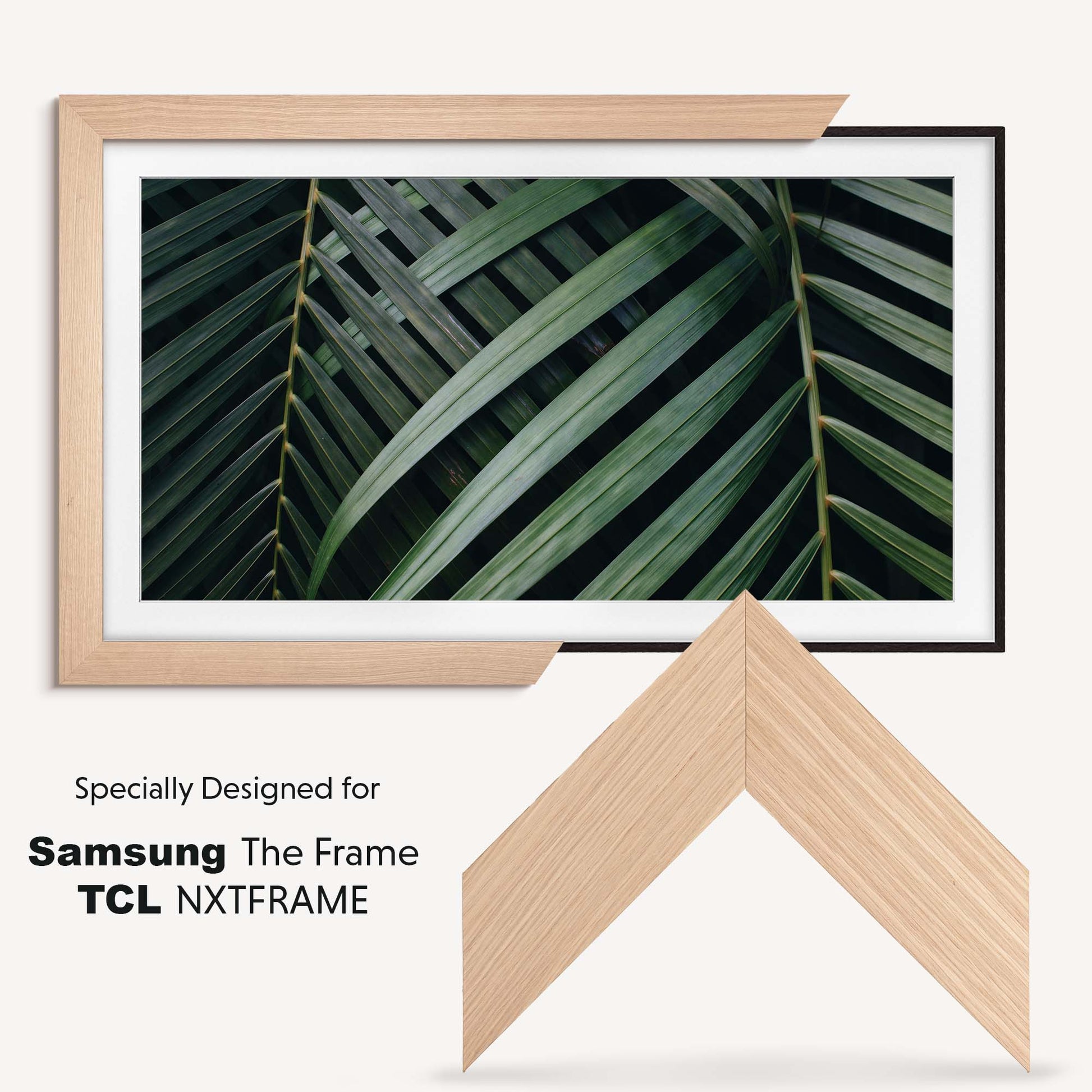 Natural oak TV frame is made specially for Samsung The Frame and TCL NXTFRAME TV's