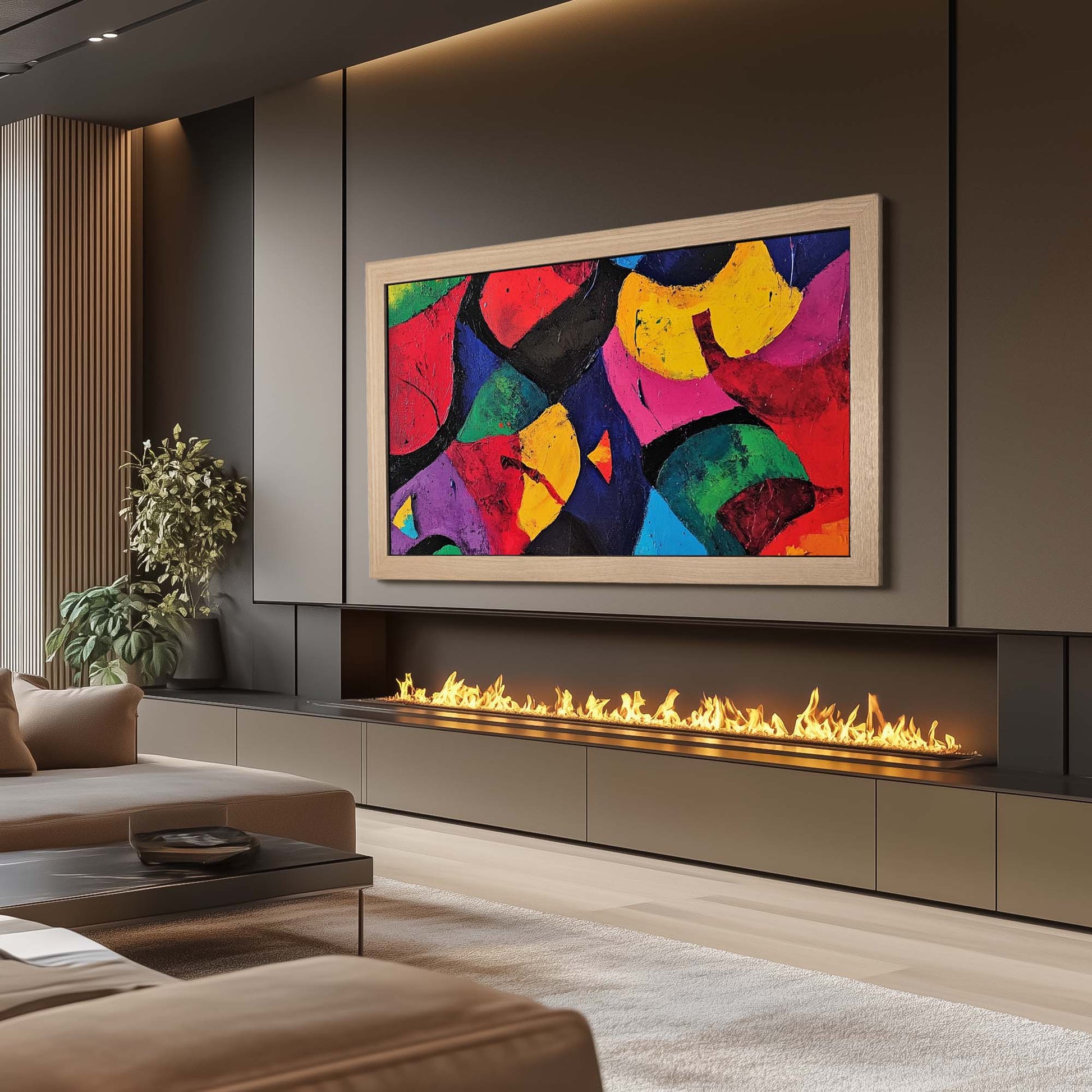 Natural oak tv bezel above long electric fireplace in modern living room interior design