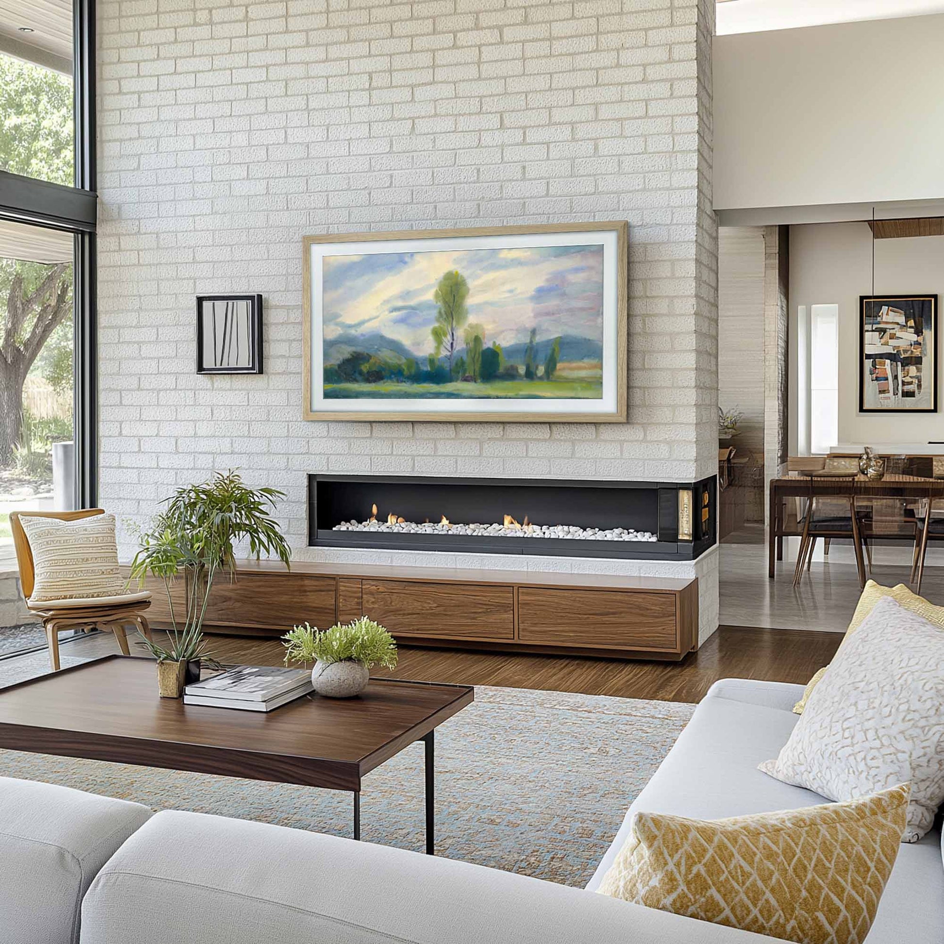 Natural soap finish oak frame on wall mounted tv in mid-century remodel