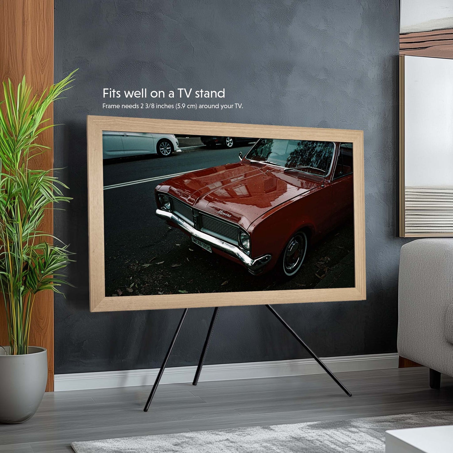 Oak Frame for The Frame 65 inch tv on the tripod stand in modern living room design