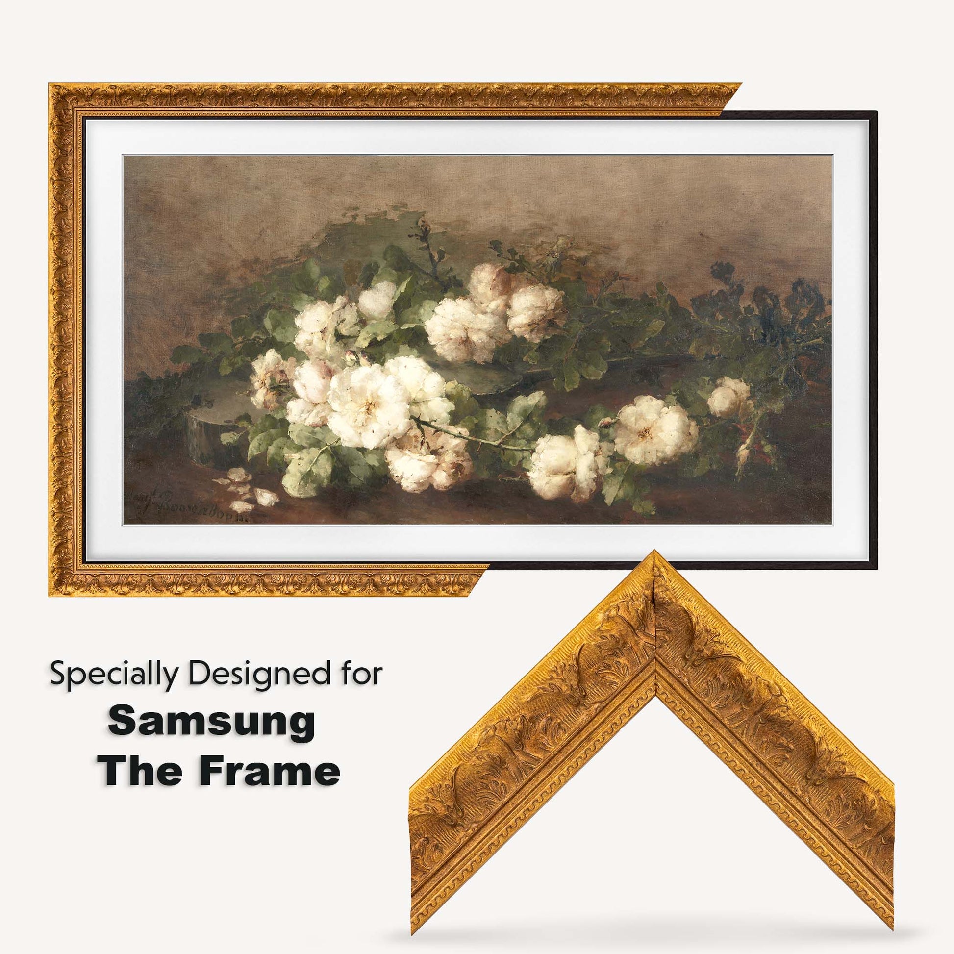Olden Gold ornate TV Frame is designed for Samsung The Frame TV