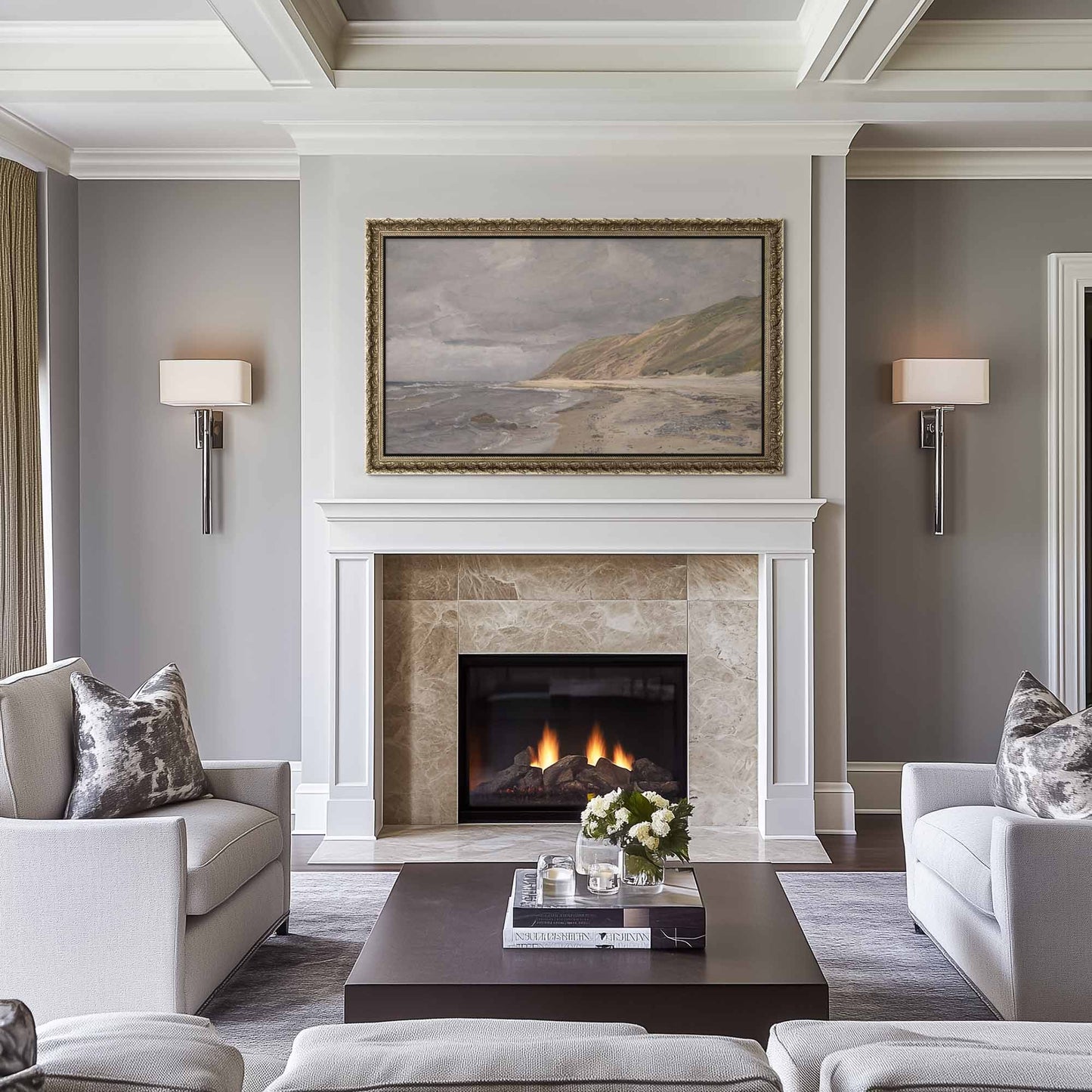 Oldened silver tv frame for samsung tv frame above stone fireplace in classic traditional living room design