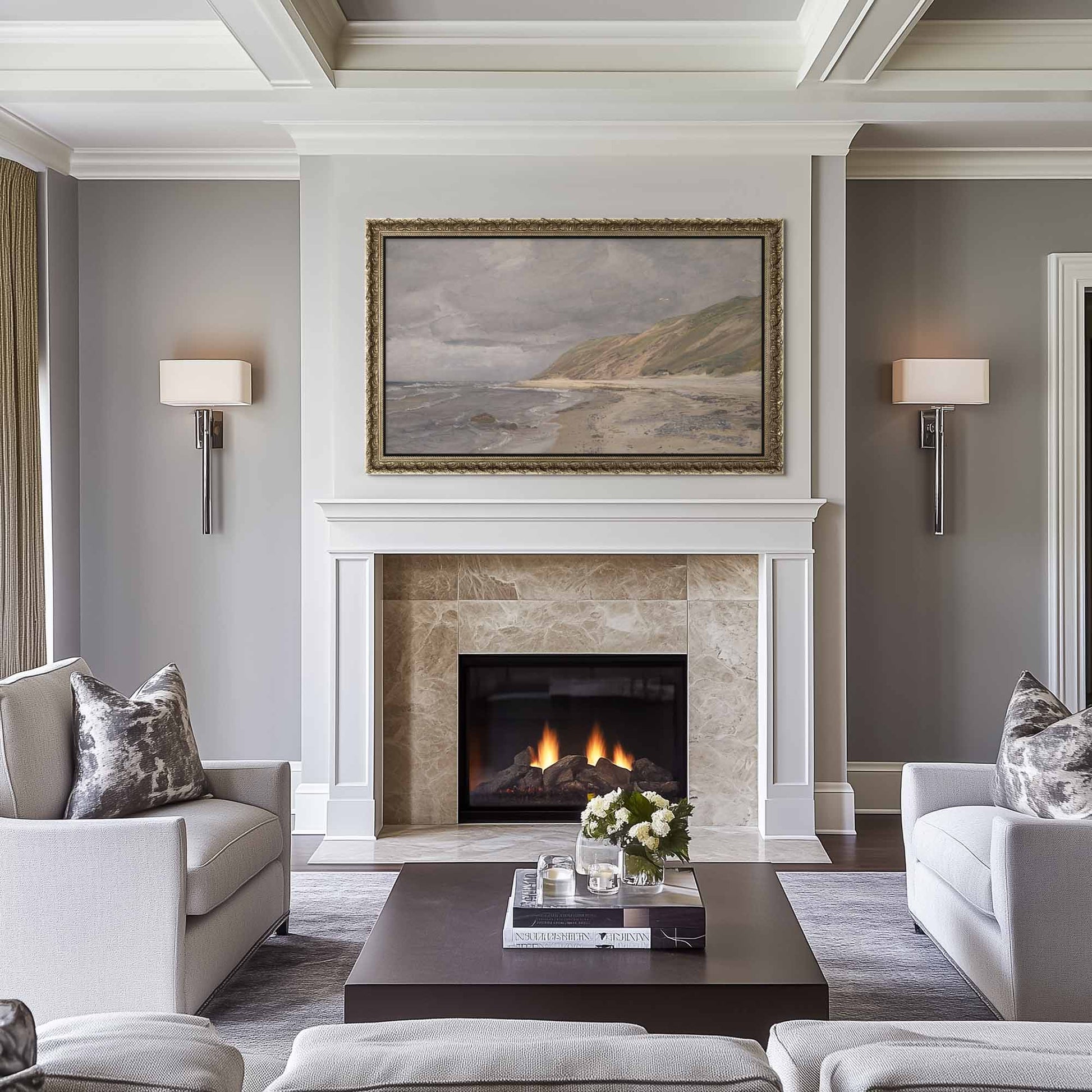 Oldened silver tv frame for samsung tv frame above stone fireplace in classic traditional living room design