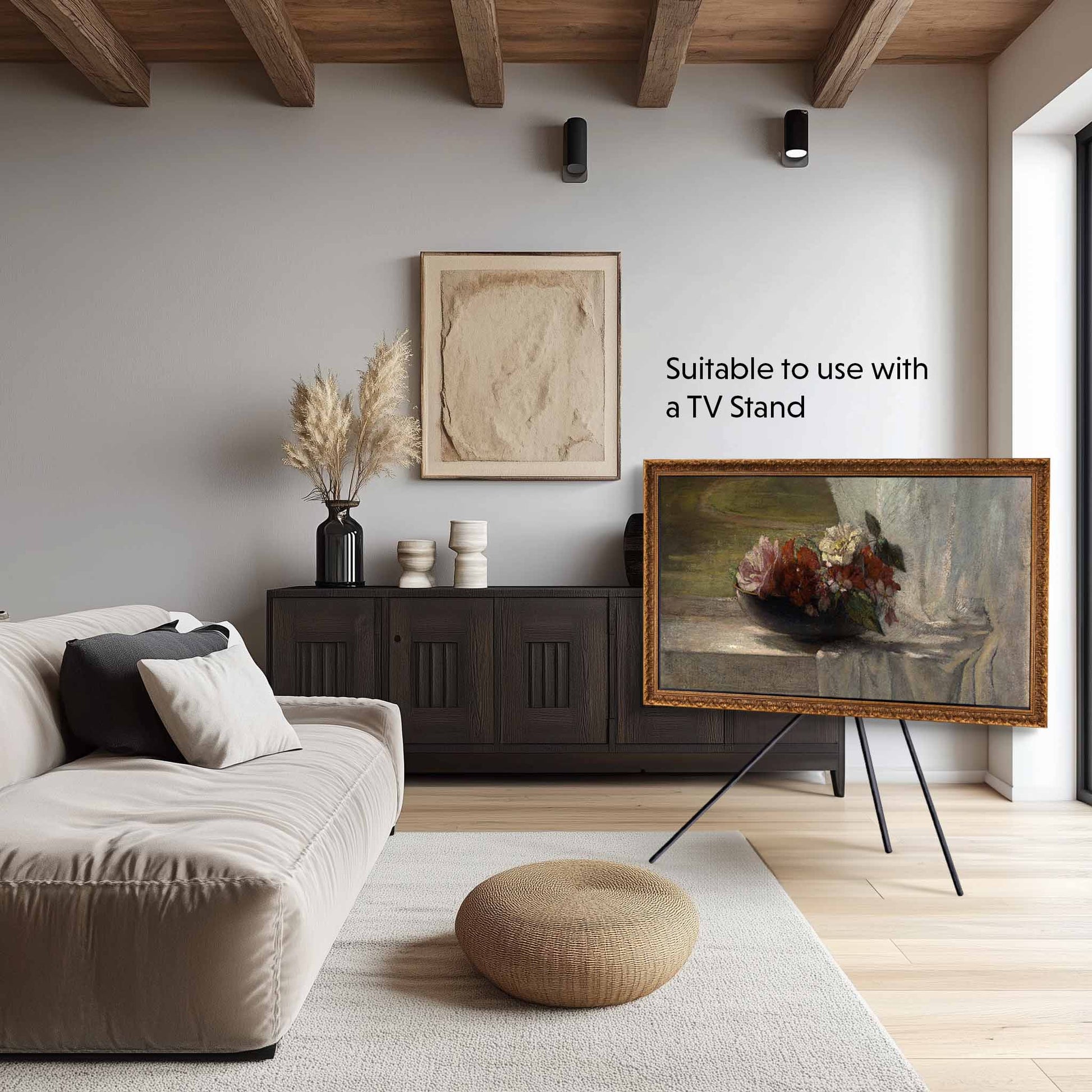 Ornate Antique Gold Tv frame on stand in modern Rustic Living Room