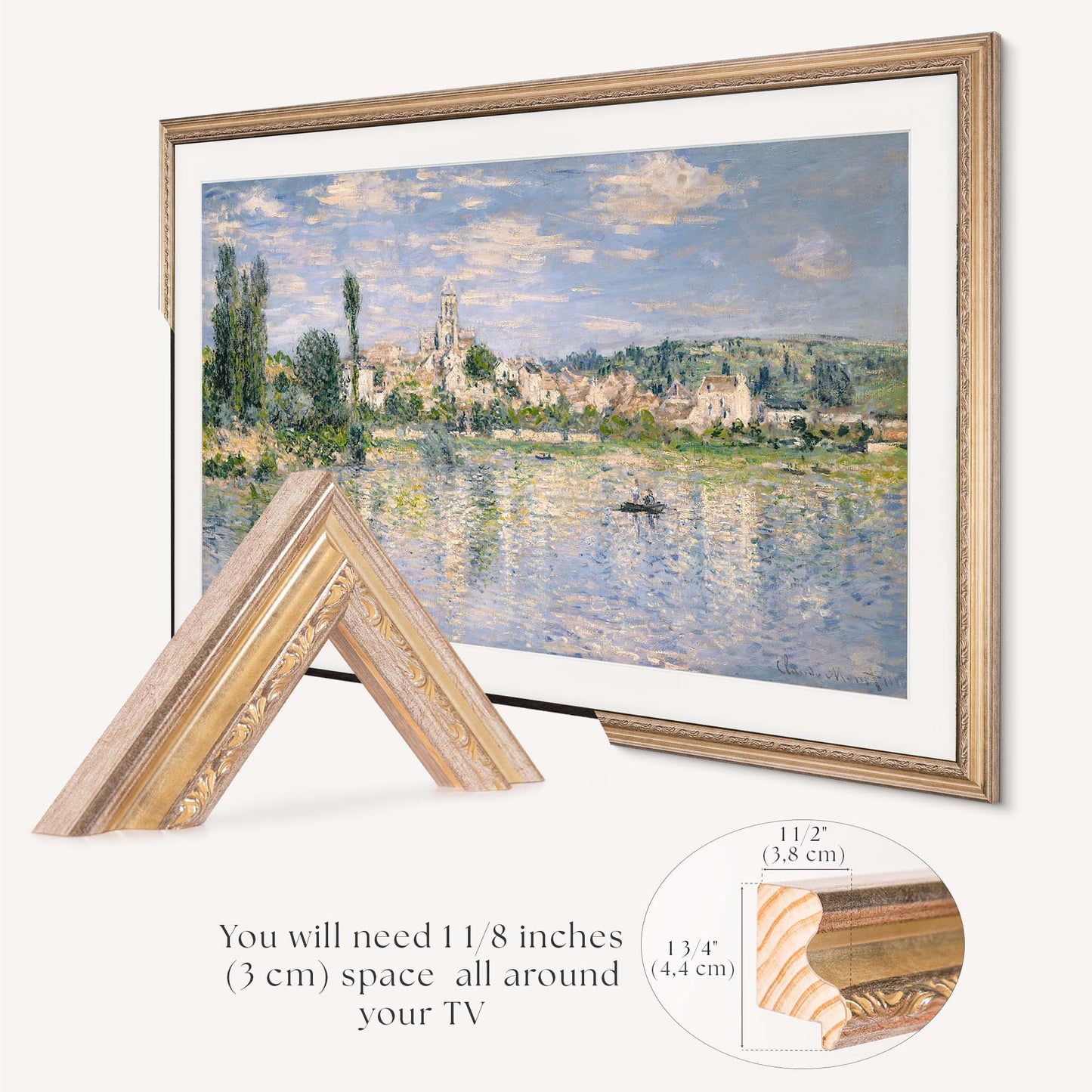 Ornate Champagne TV frame is specially made for Samsung The Frame and TCL NXTFRAME TV's
