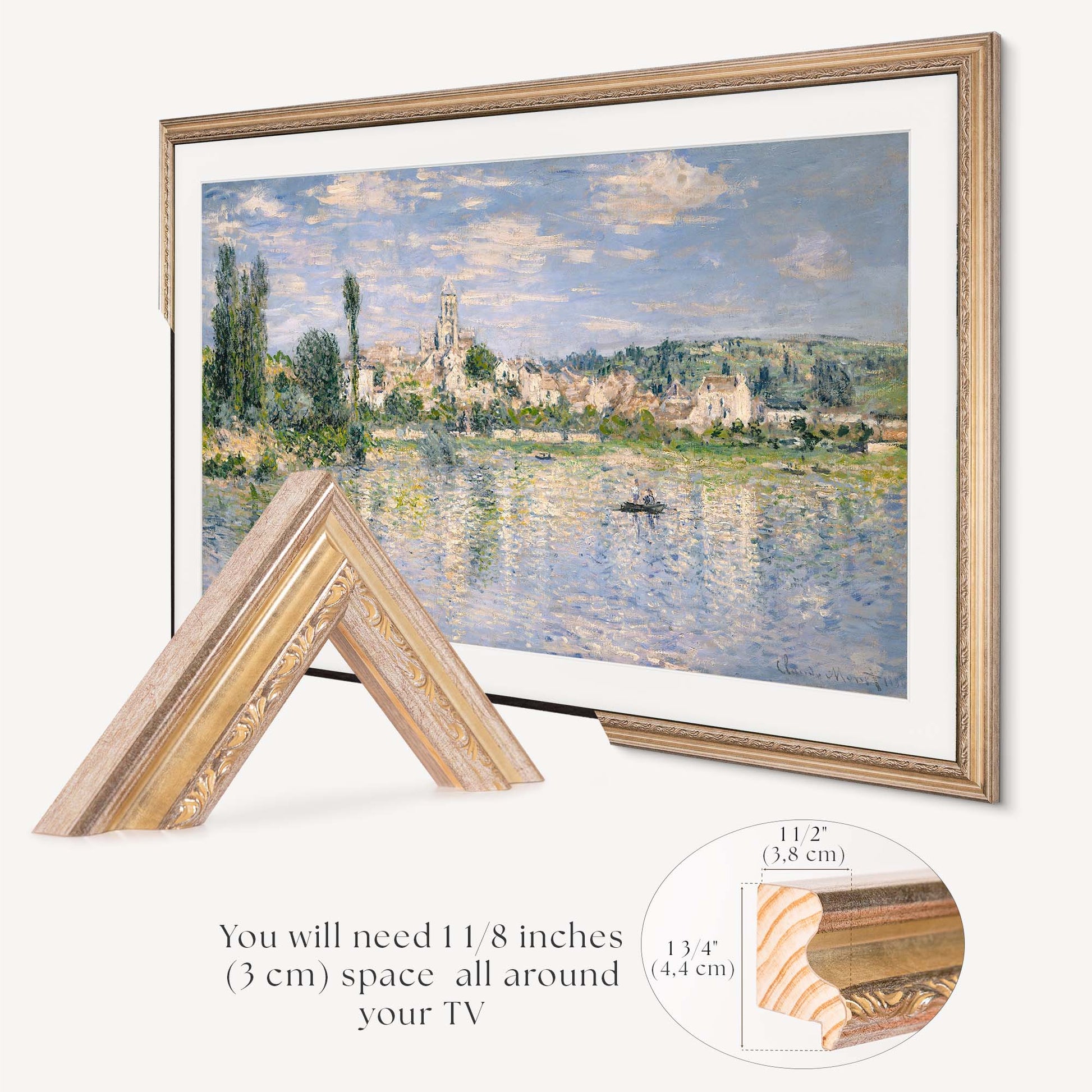 Ornate Champagne TV frame is specially made for Samsung The Frame and TCL NXTFRAME TV's