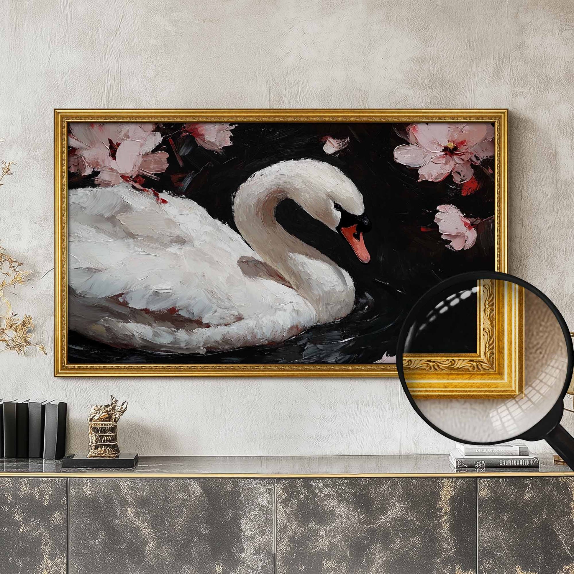 Ornate Gold Tv Frame for The Frame tv on the wall above sideboard in Modern Living Room