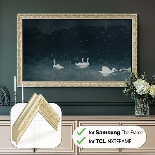 Ornate Silver Tv frame above sideboard in a french style interior