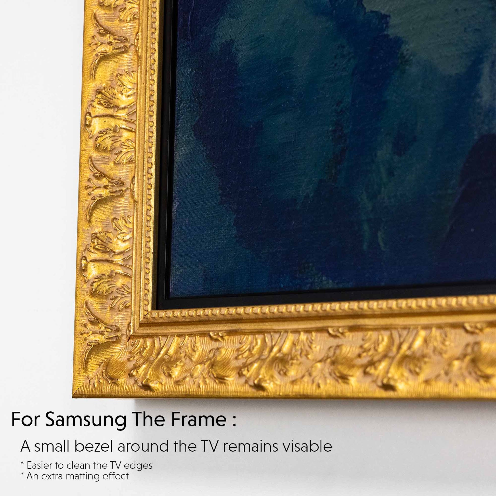 Ornate gold TV Frame doesn't cover black bezel fully