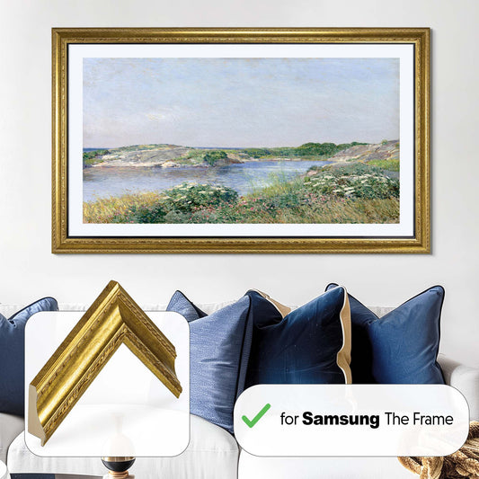 Ornate gold TV frame in deep blue design 