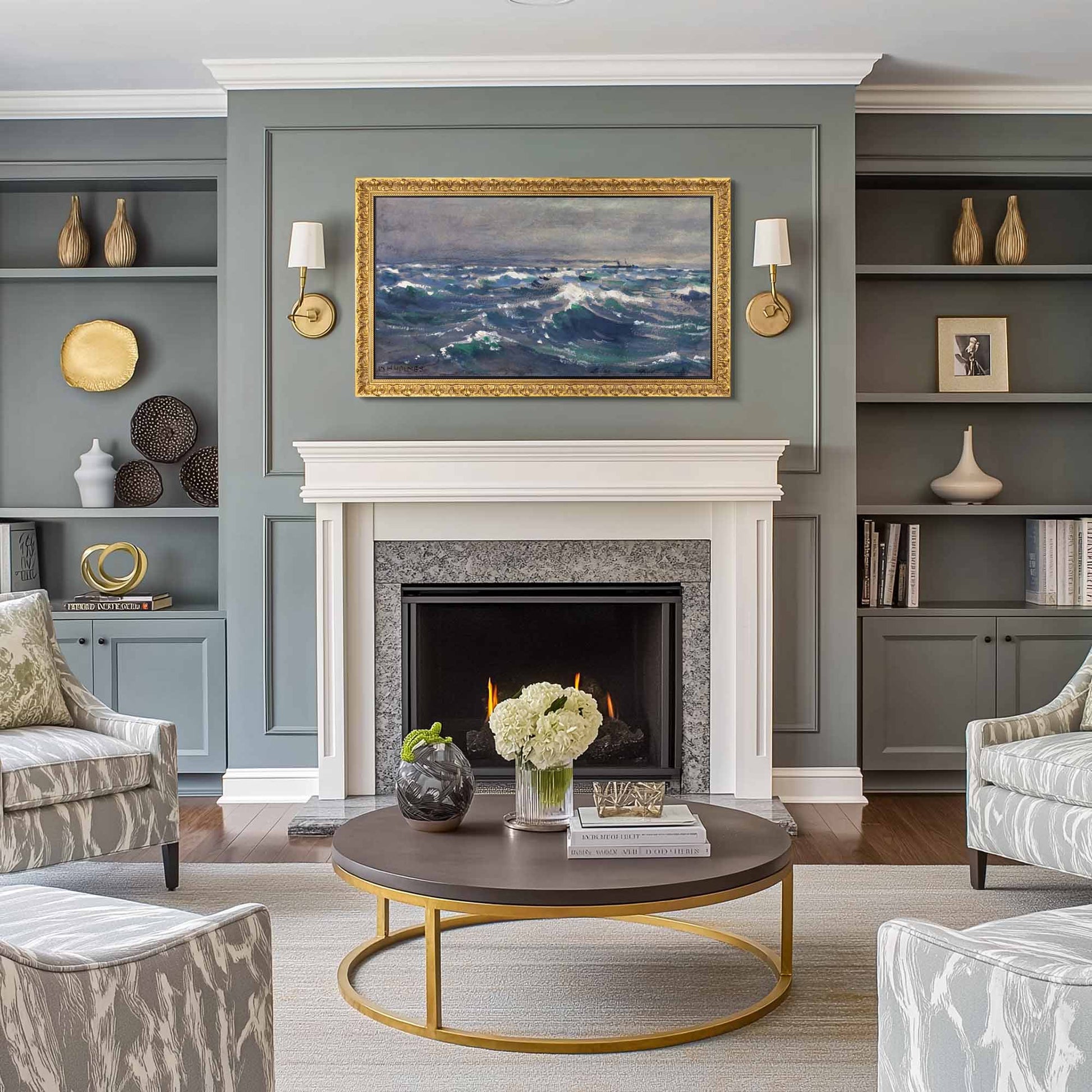 Ornate gold Tv frame above standard fireplace in a large transitional living room