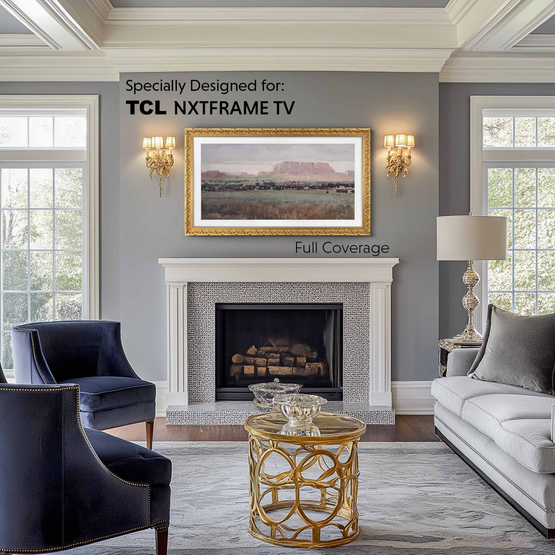 Ornate gold tv frame in a classic formal and enclosed dark wood floor living room 