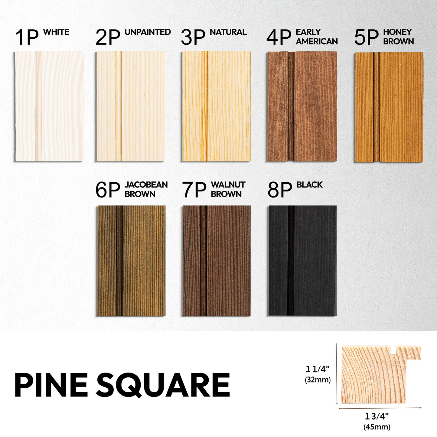 Wooden square samples with color labels on a white background