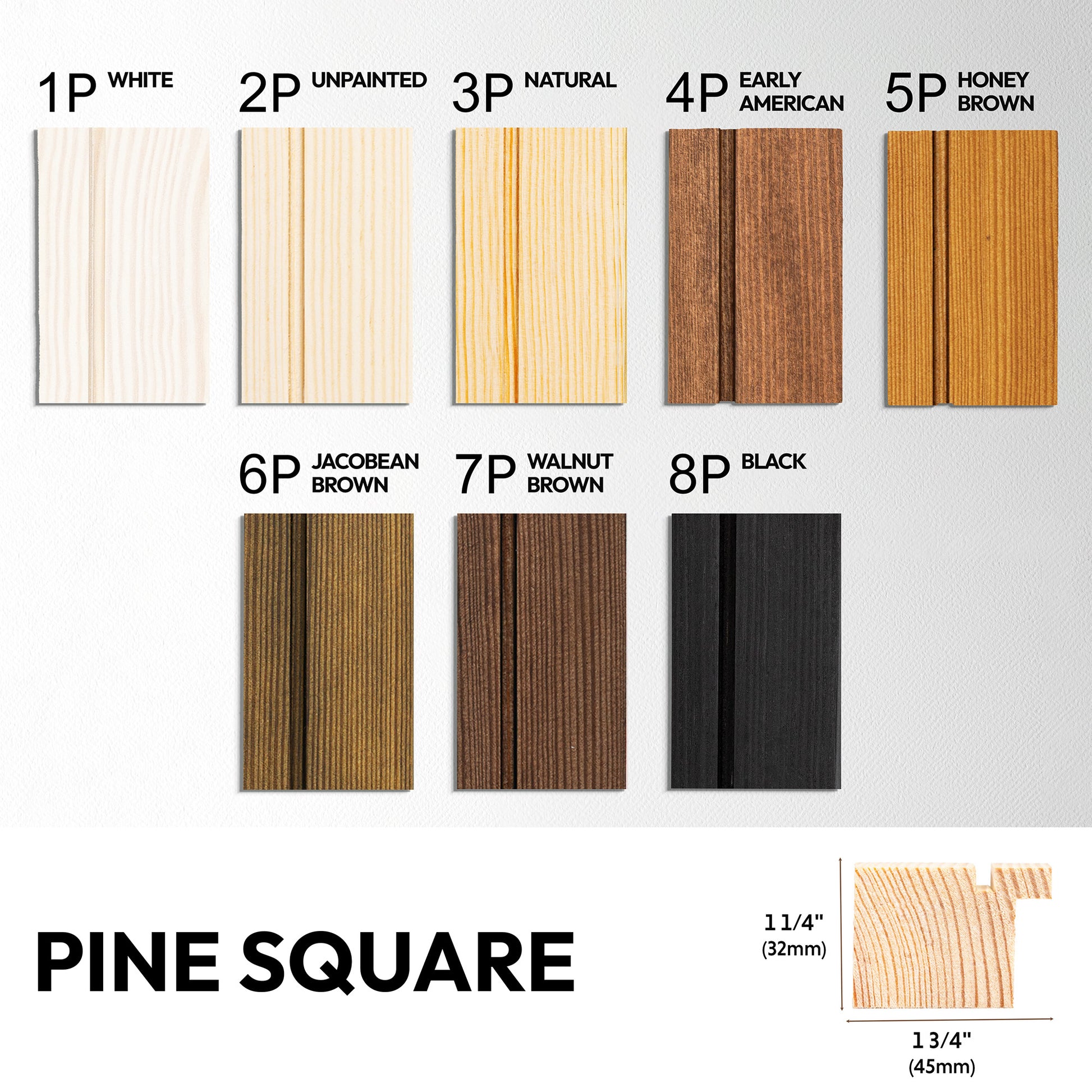 Wooden square samples with color labels on a white background