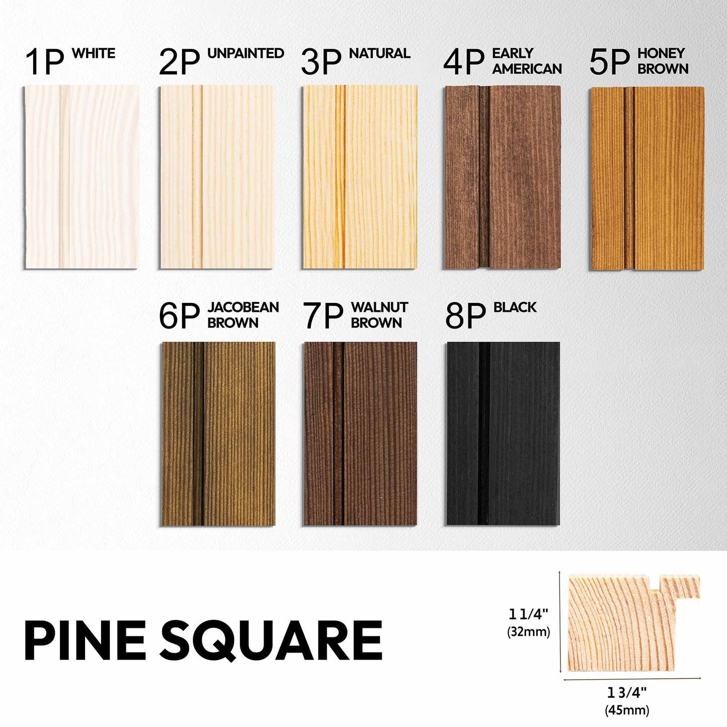 Wooden square samples with color labels on a white background