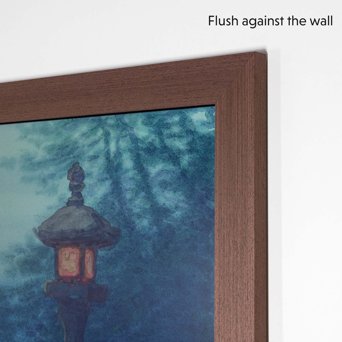 Raw wooden tv frame mounted on The Frame tv flushes against the wall