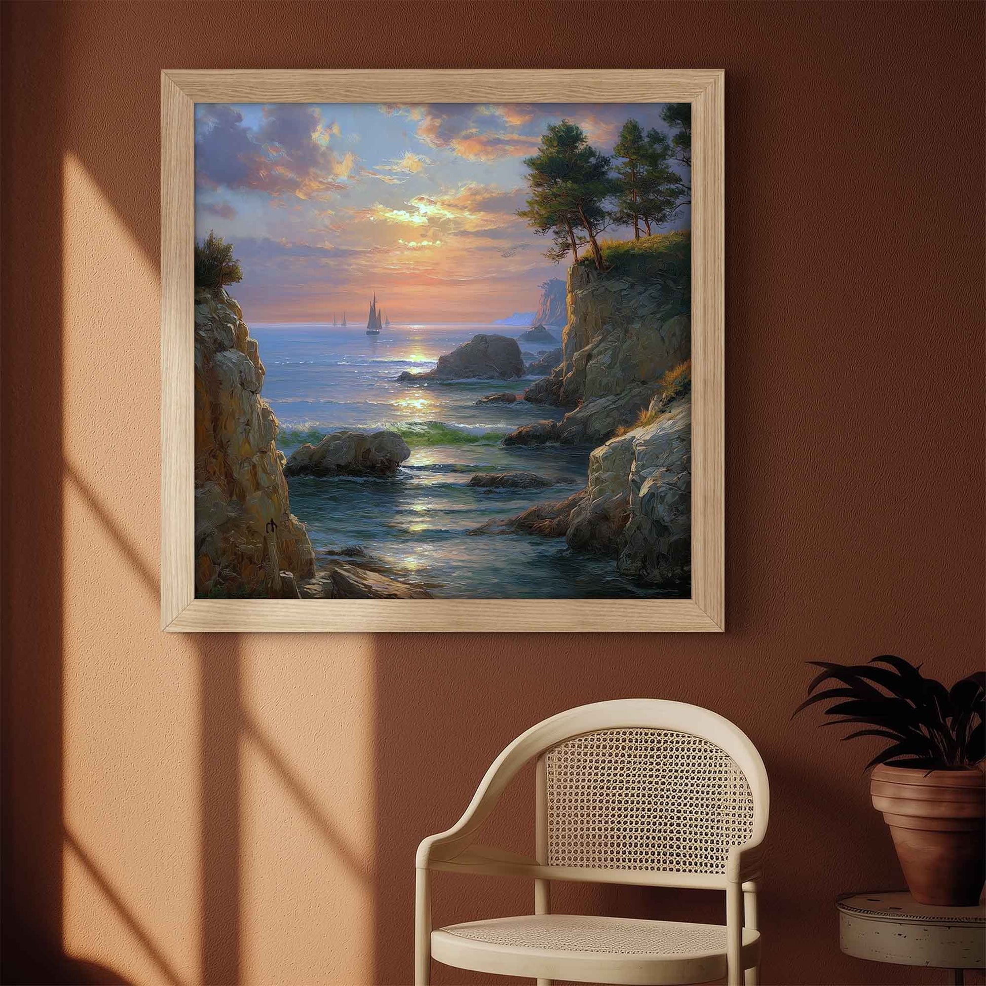 Framed painting of a coastal scene with sailboats on a wall above a chair.