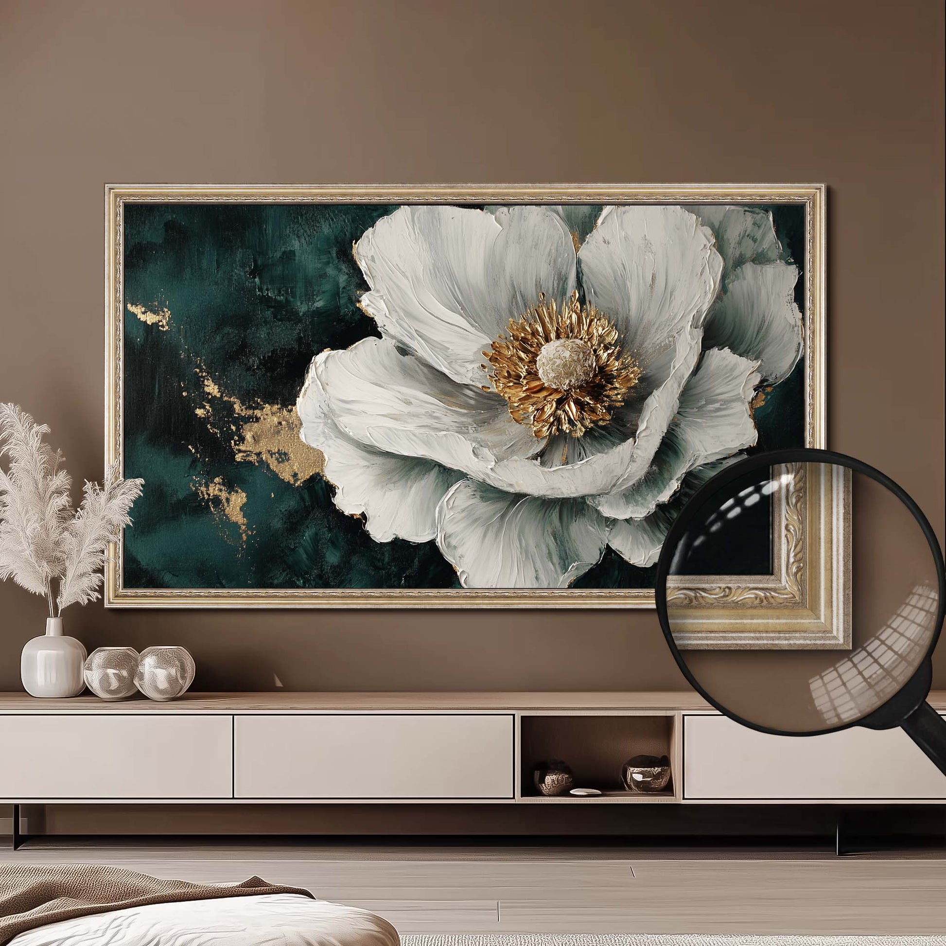 Samsung The Frame 65 inch Tv with Silver Tv frame on the mocha color wall above tv console in modern living room interior design