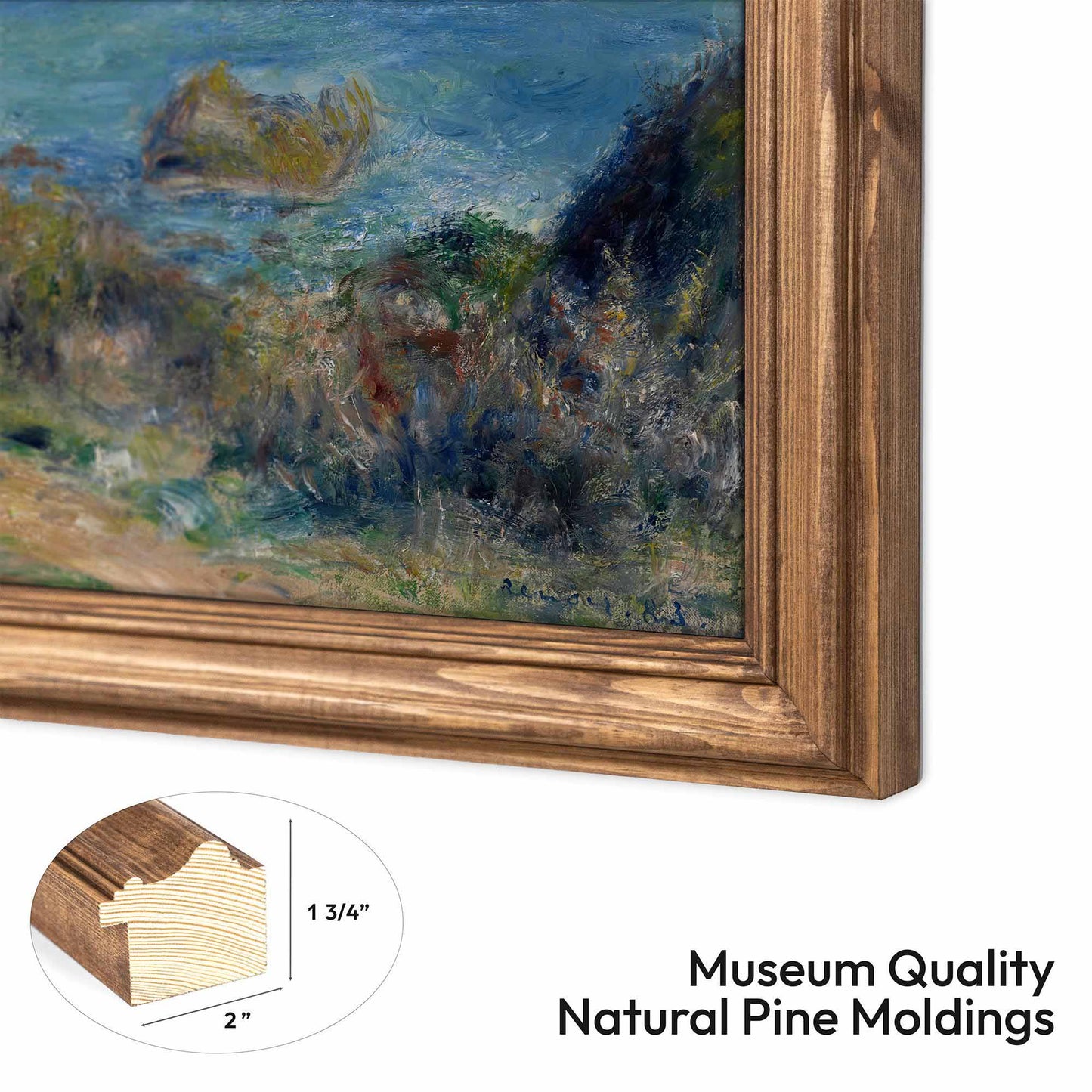 Framed painting with natural pine molding detail on a white background