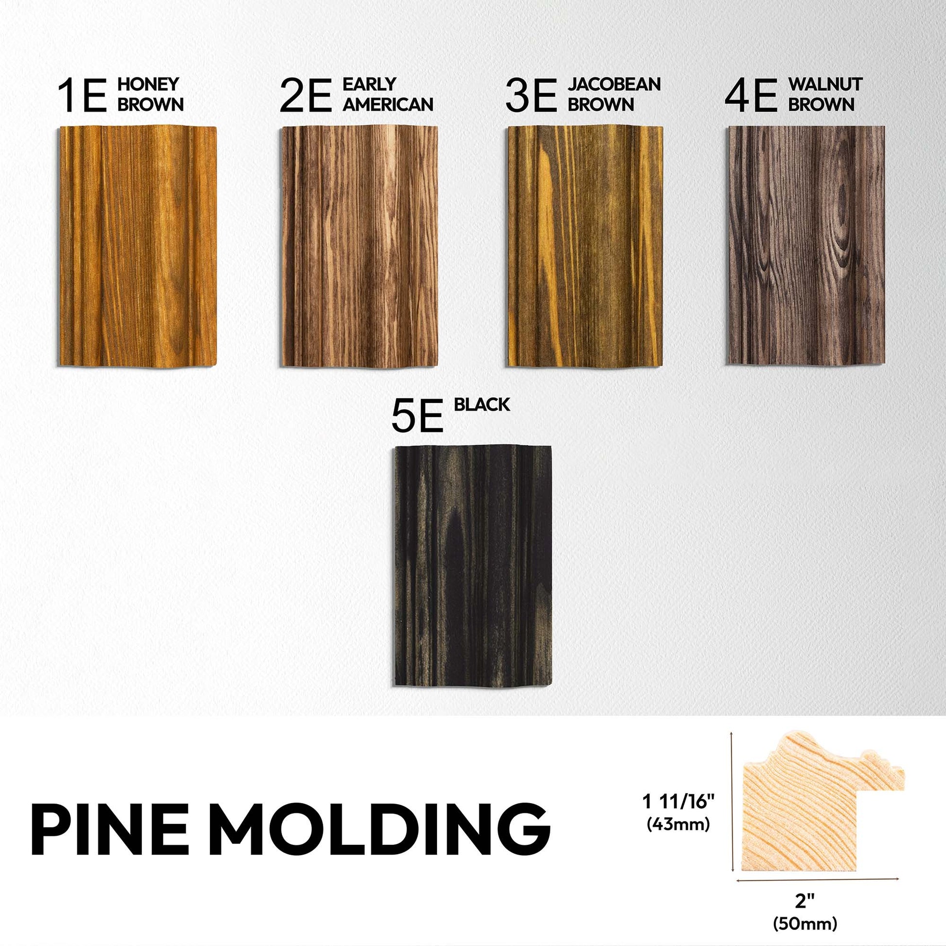 Color swatches of pine molding with labels and dimensions on a white background