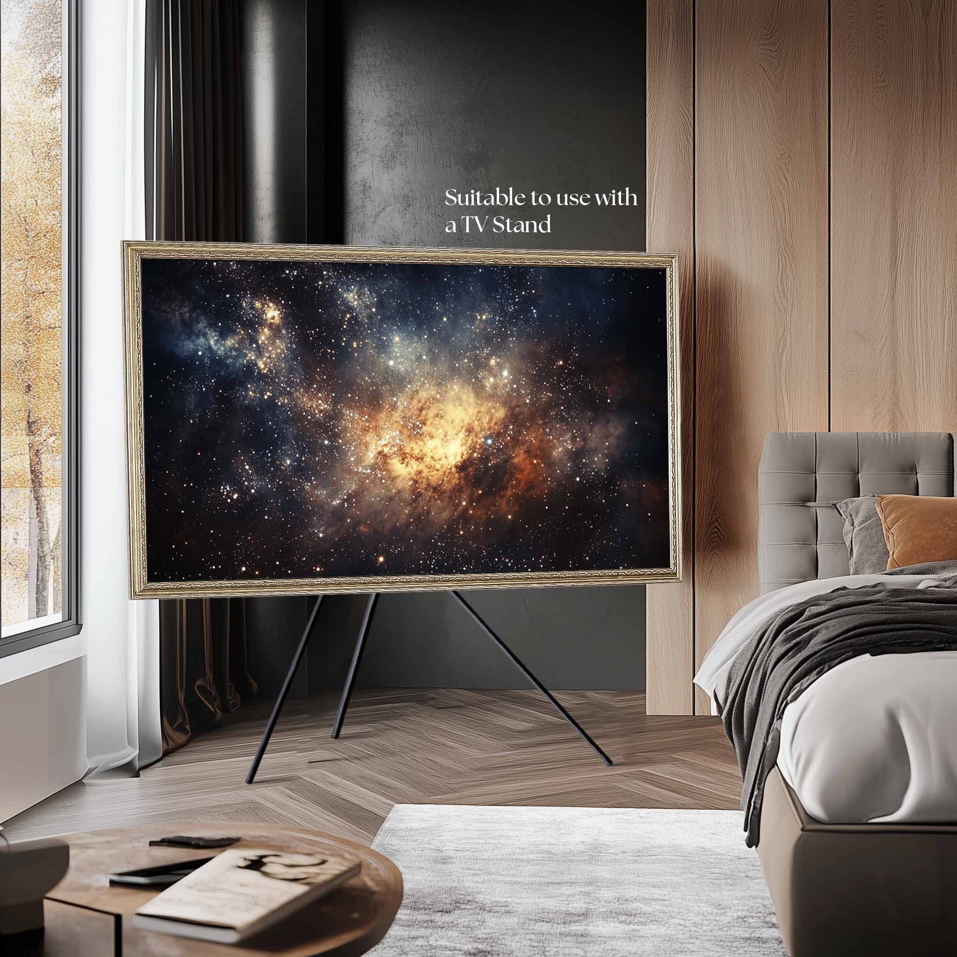 Samsung The Frame with Champagne Frame on the Studio Stand in the corner of bedroom
