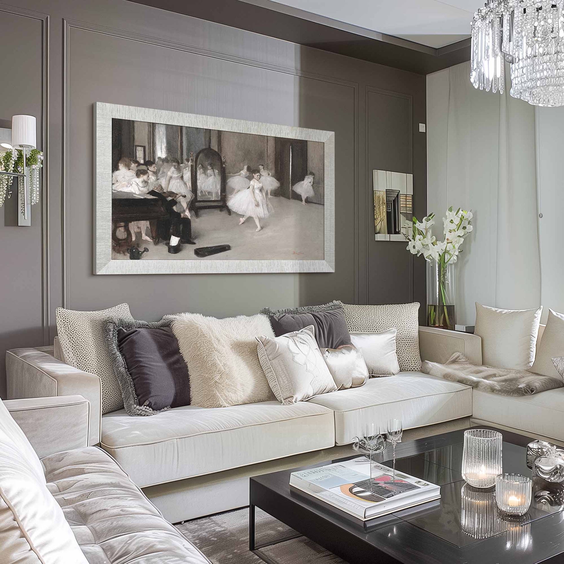 Modern living room with a large sofa, coffee table, and decorative wall art, shabby chic living room very pale and light, peaceful atmosphere, shiny tv frame 55 inch