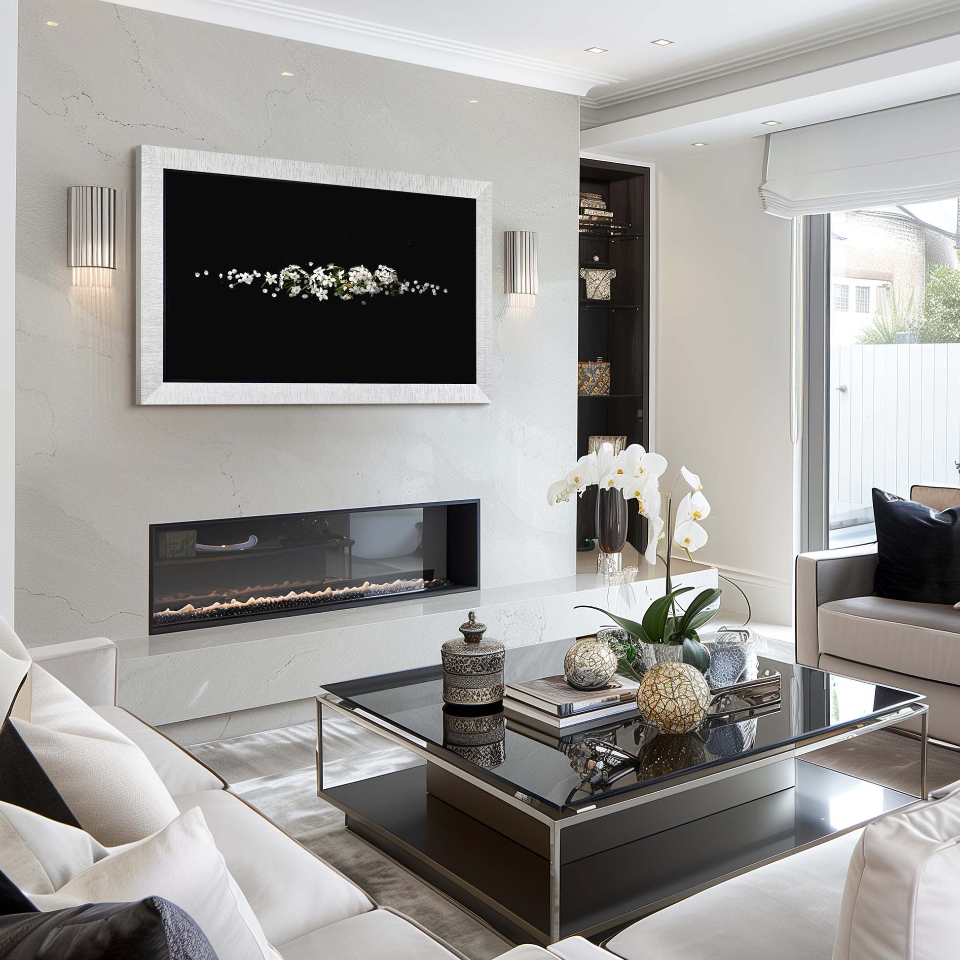 Silver Grooved Tv Frame on the wall, Contemporary modern Living Room