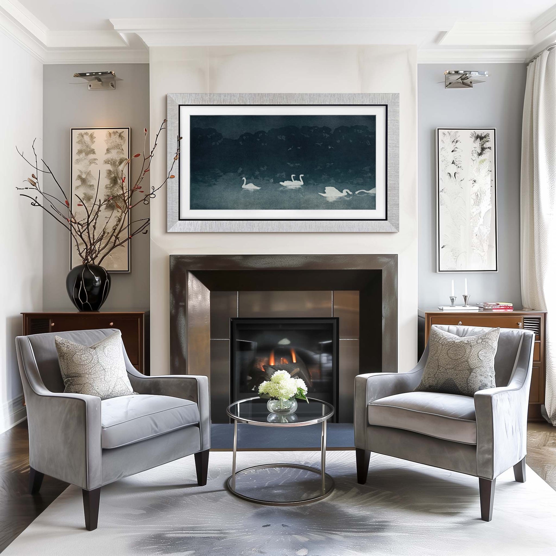 Silver Grooved modern Tv frame on the wall above fire place, gray chairs, dark wood furniture, calming and elegant, silver decors