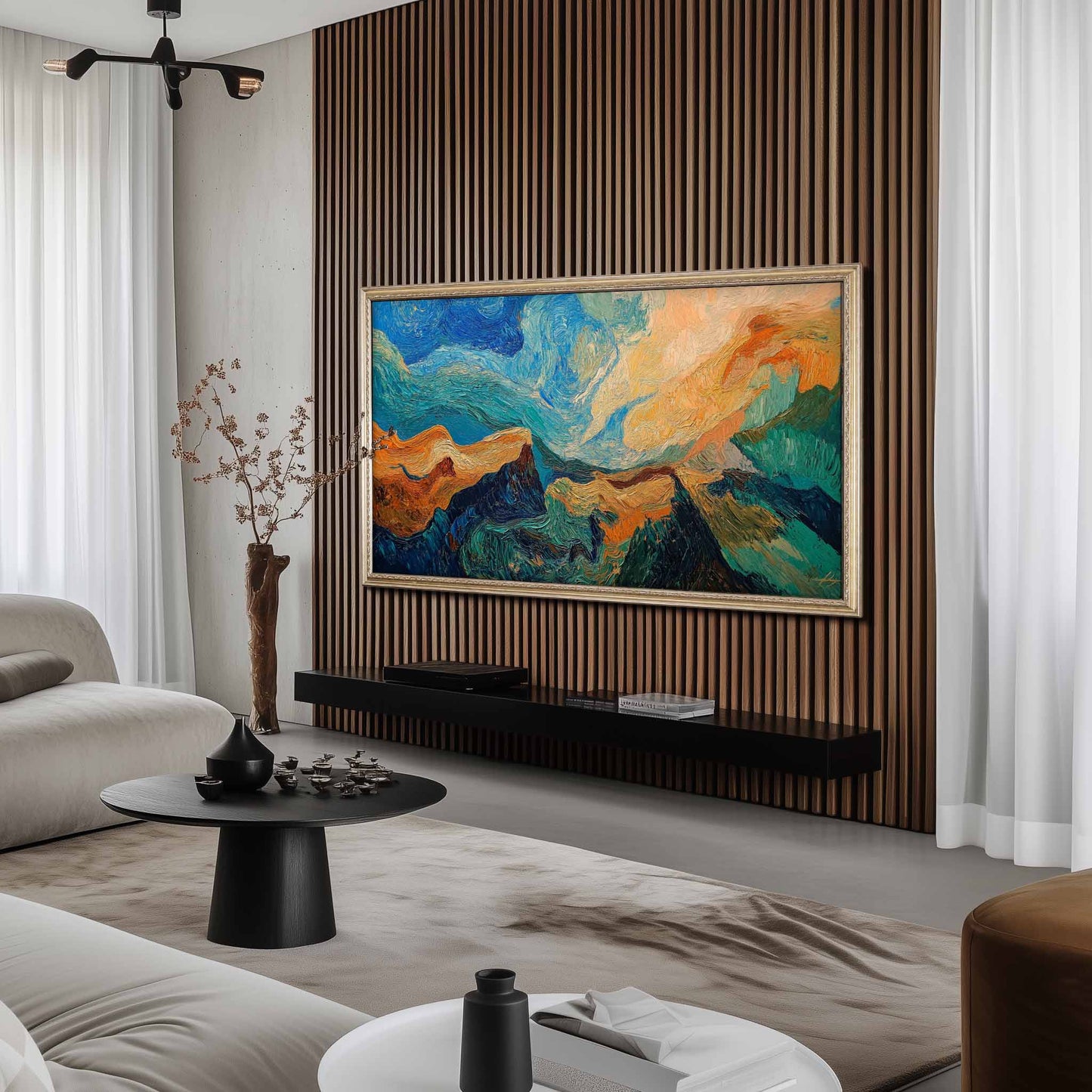 Silver frame for Samsung The Frame tv on the wooden slot wall in Earthy Modern living room